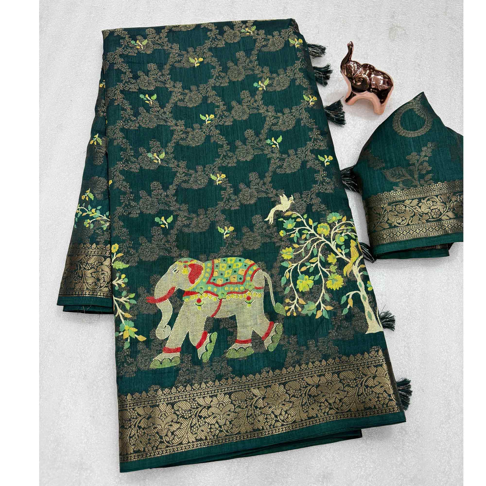 Exquisite Green Floral Weaving Tusser Silk Jacquard Saree Highlighted With Elephant Motif Pallu