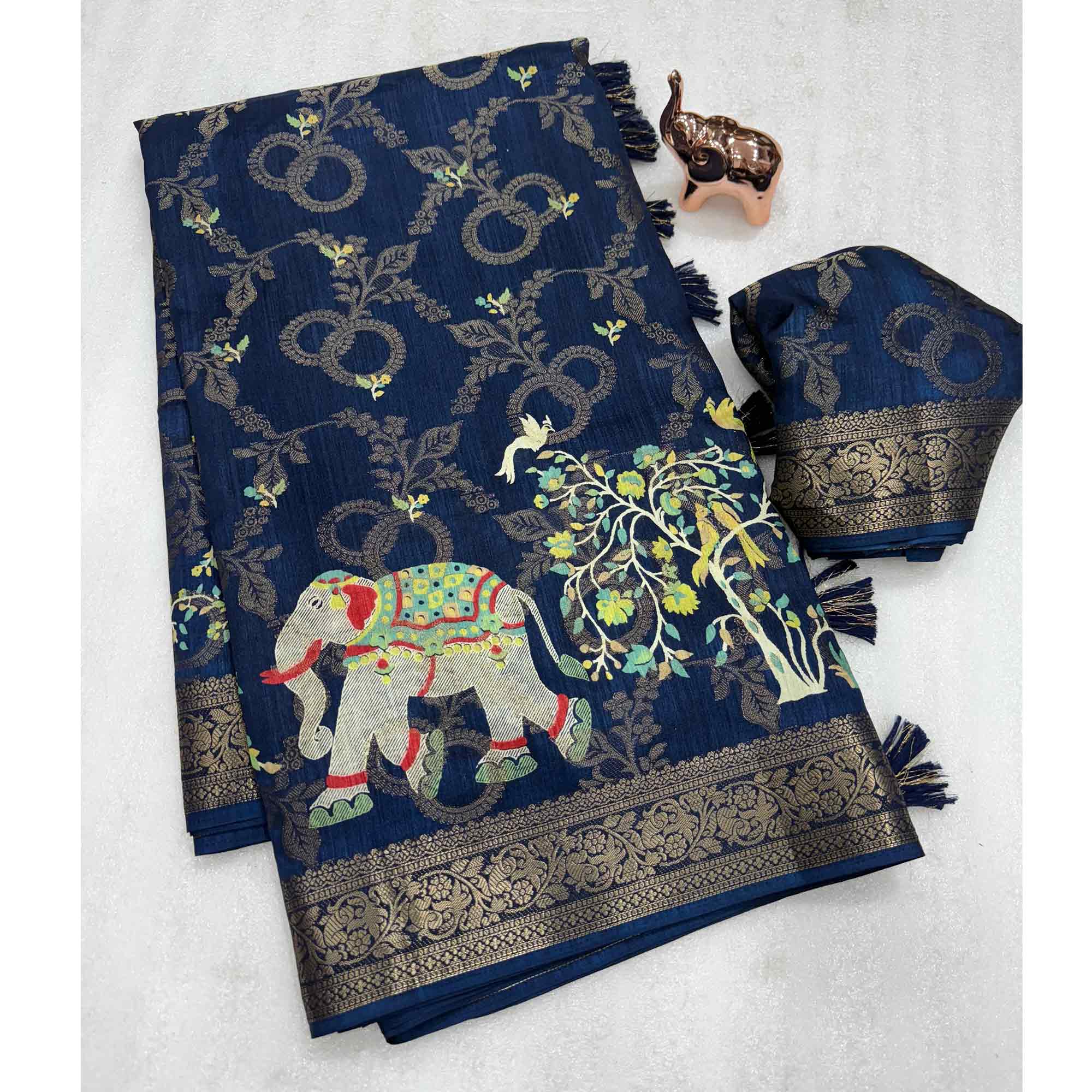 Exquisite Navy Blue Floral Weaving Tusser Silk Jacquard Saree Highlighted With Elephant Motif Pallu