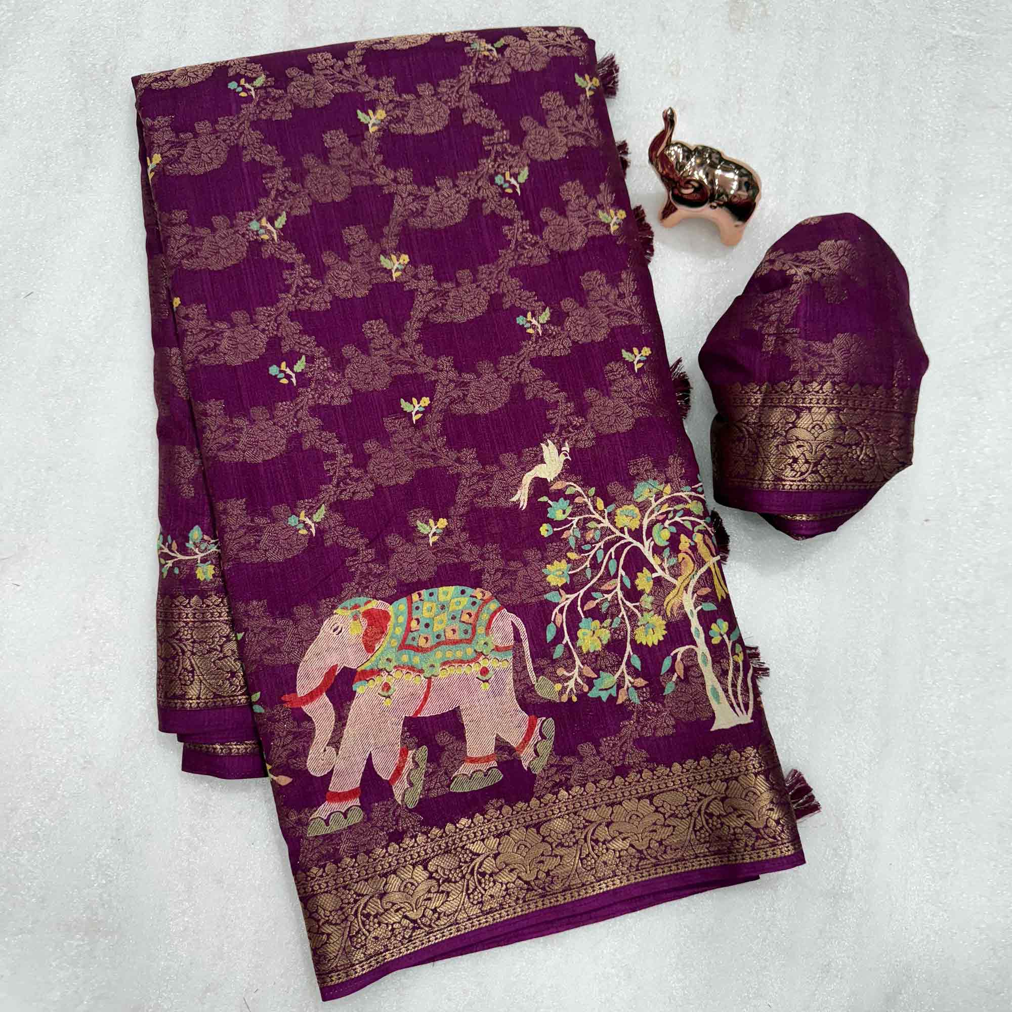 Exquisite Wine Floral Weaving Tusser Silk Jacquard Saree Highlighted With Elephant Motif Pallu