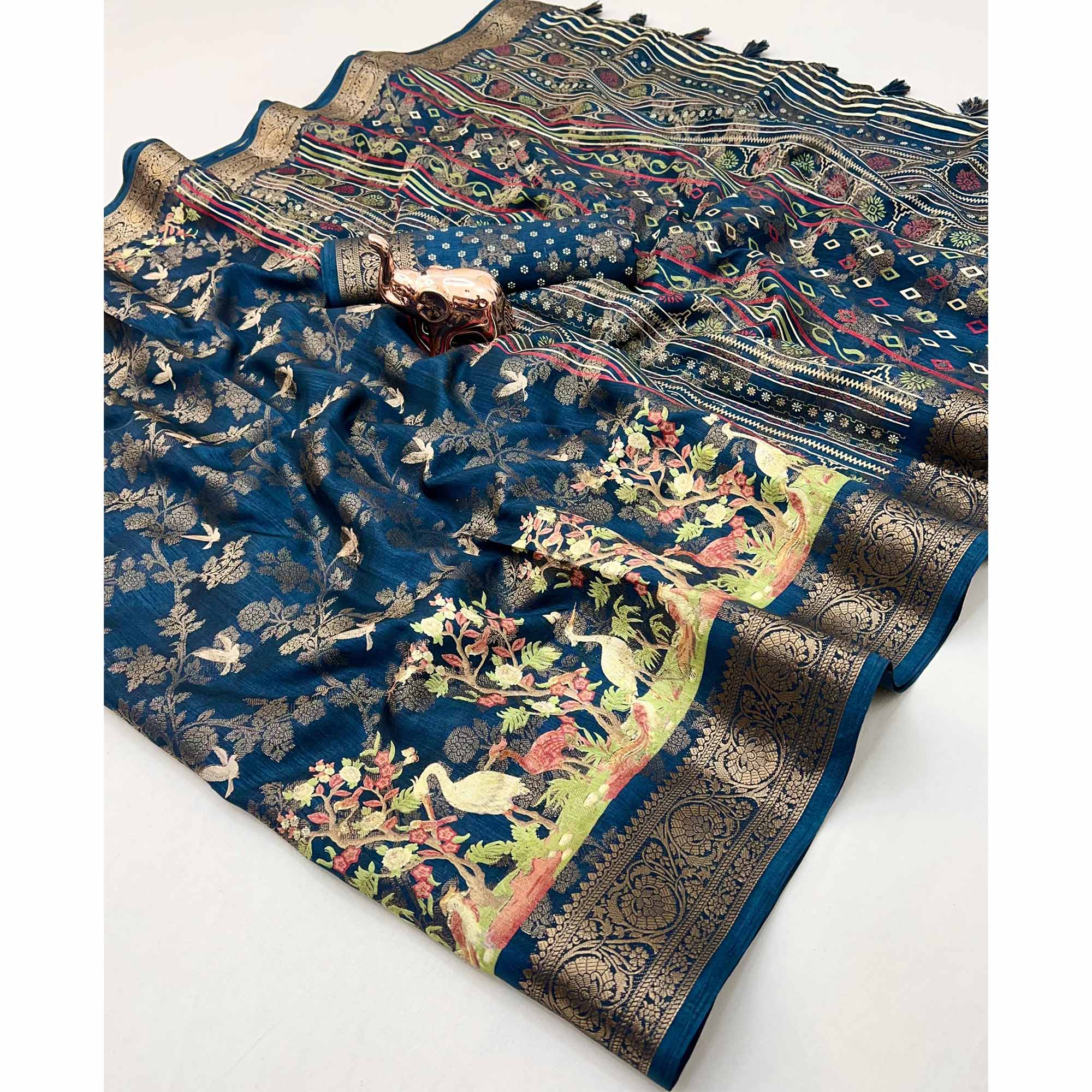 Blue Tussar Silk Jacquard Saree With Intricate Floral Zari Weaving & Tassel Border