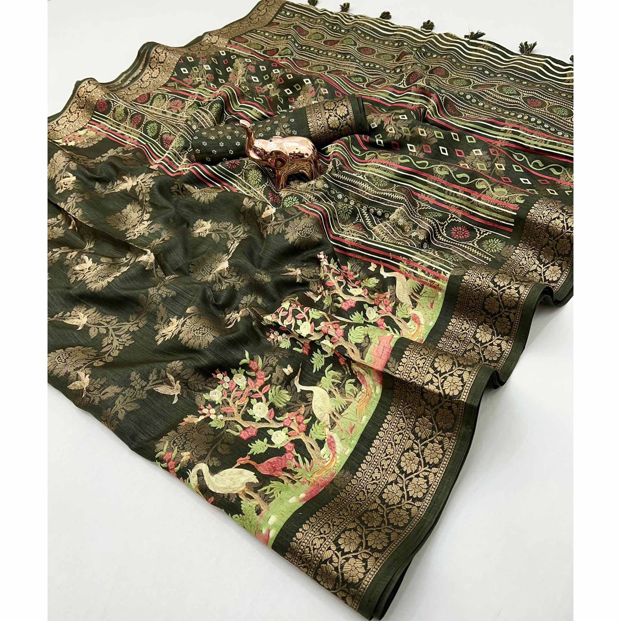 Mehendi Green Tussar Silk Jacquard Saree With Intricate Floral Zari Weaving & Tassel Border