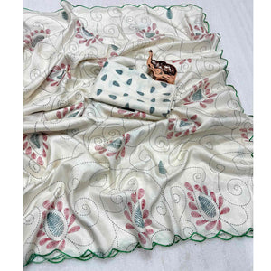 Classic Off White Warli Printed Saree in Lightweight Dola Silk Fabric