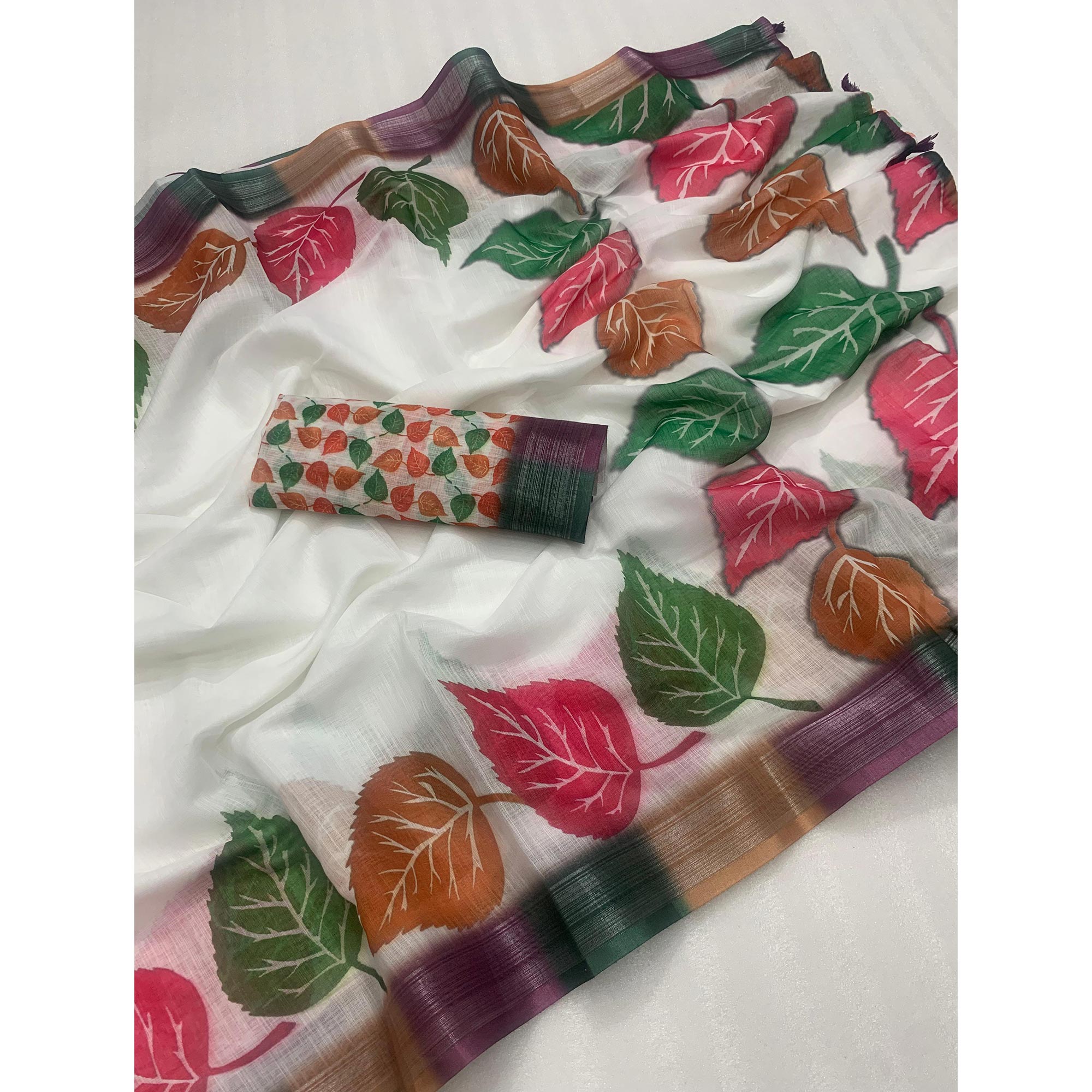 White Printed Linen Saree With Zari Work