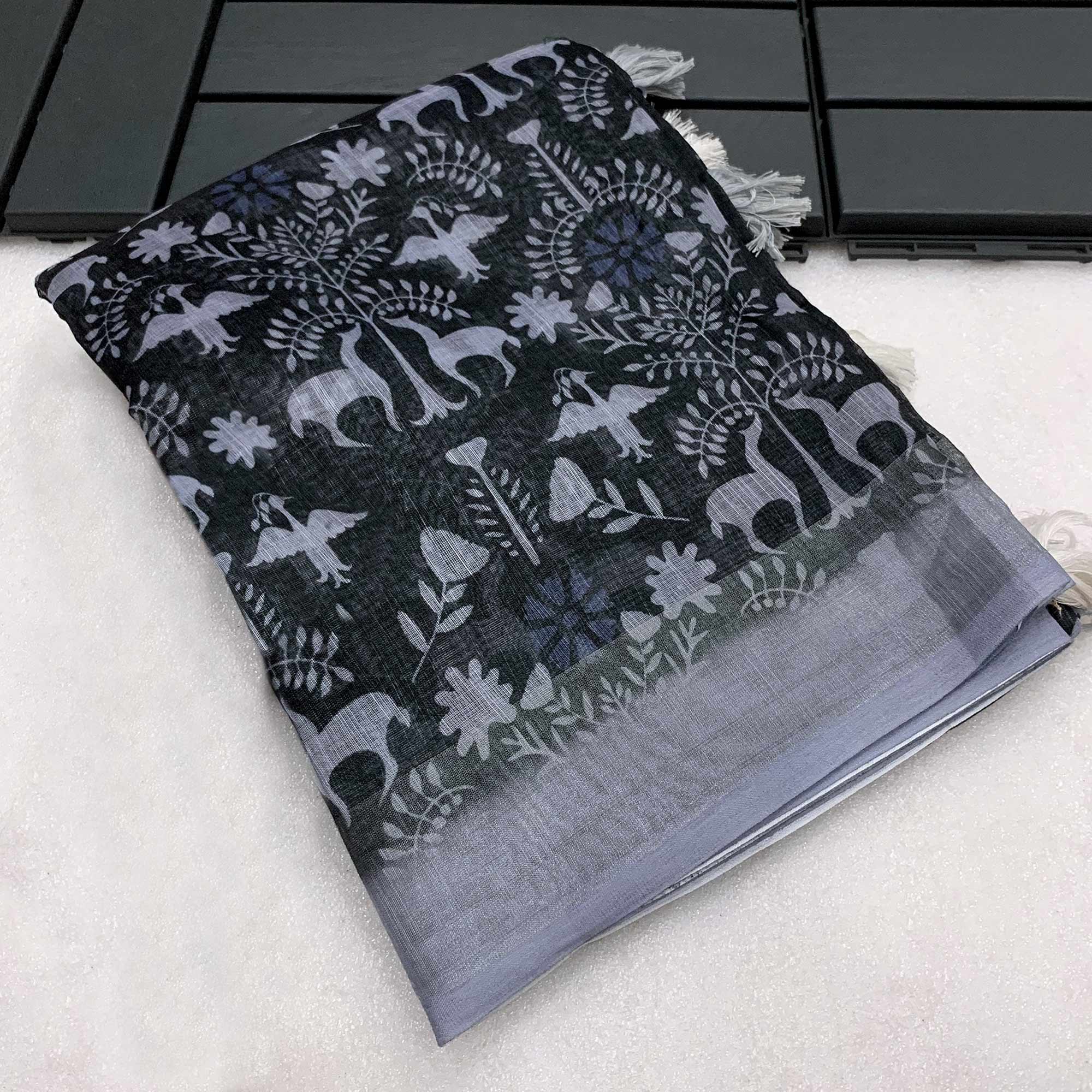 Black Kalamkari Digital Printed Linen Saree