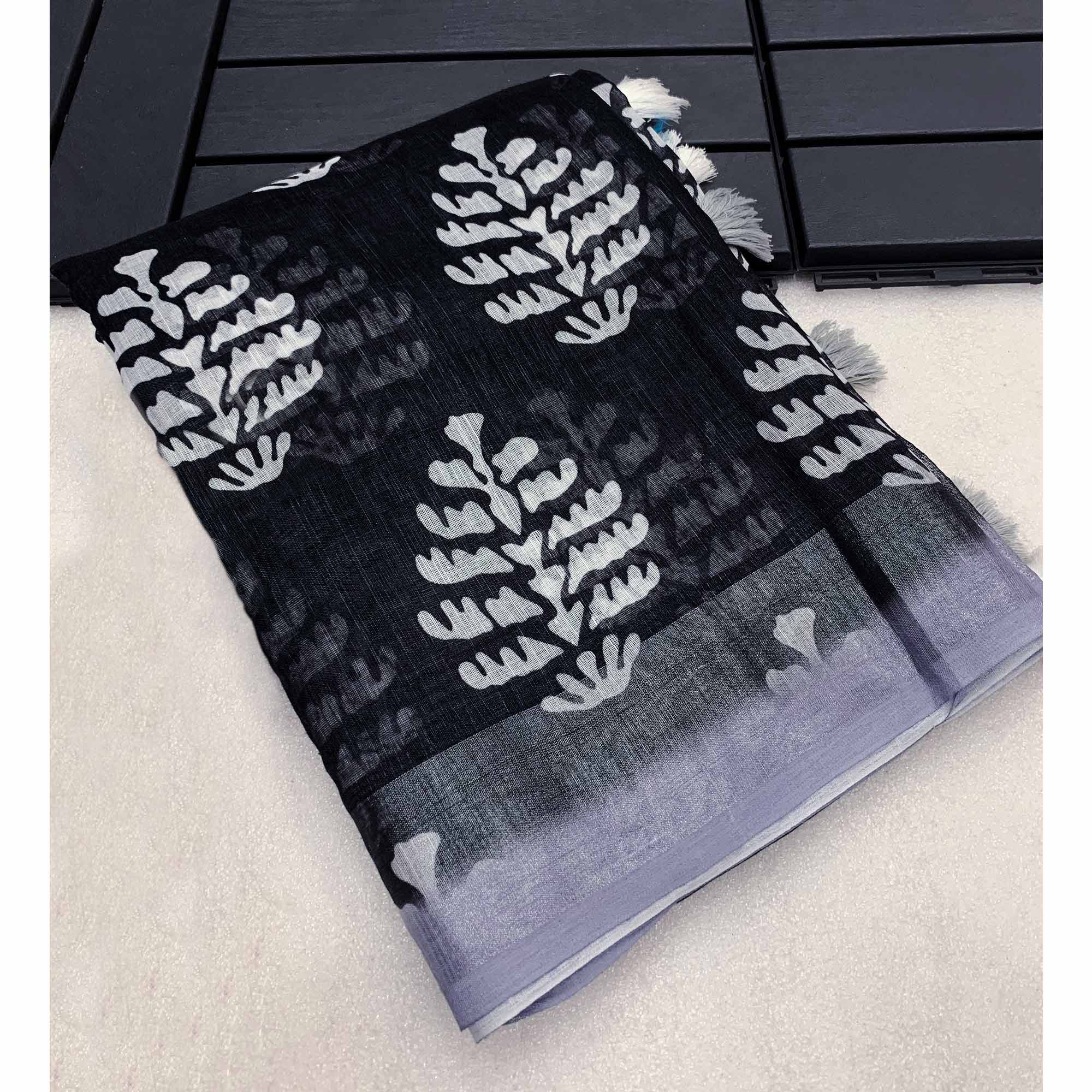 Black Kalamkari Digital Printed Linen Saree