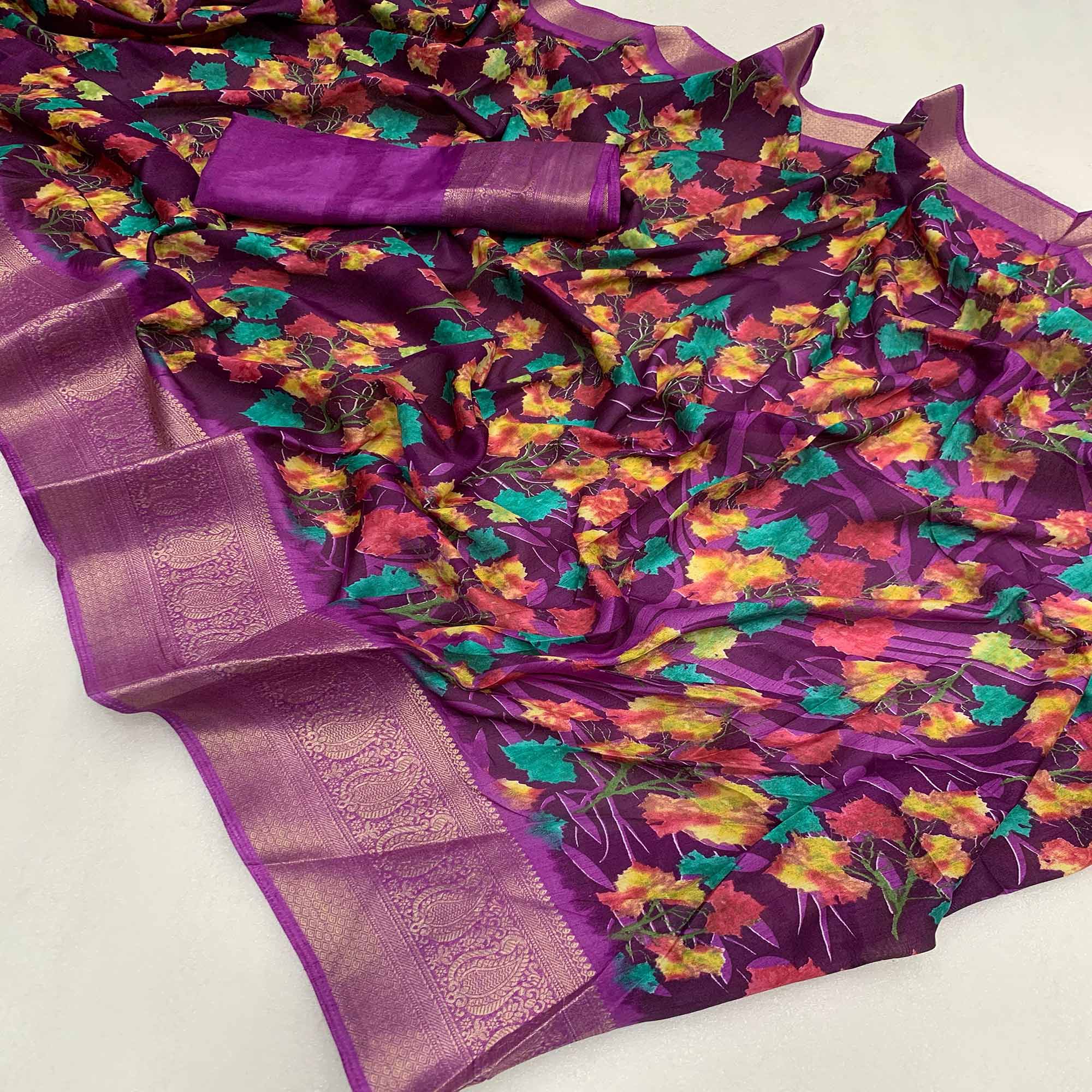 Purple Floral Printed Dola Silk Saree