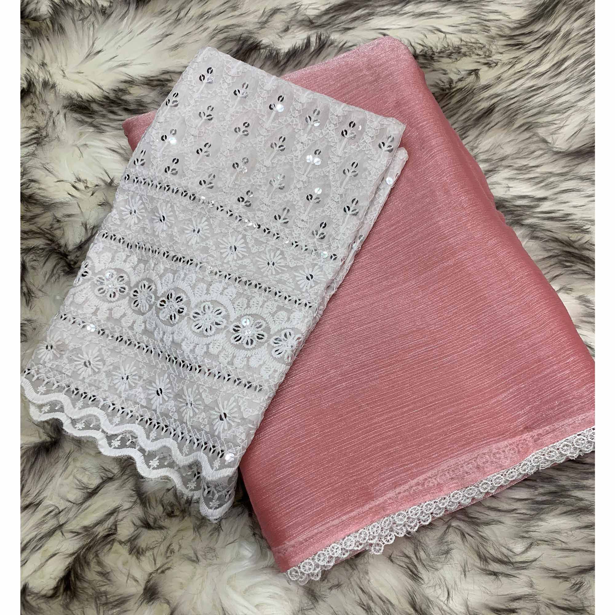 Peach Solid Chiffon Saree Saree With Lace Border