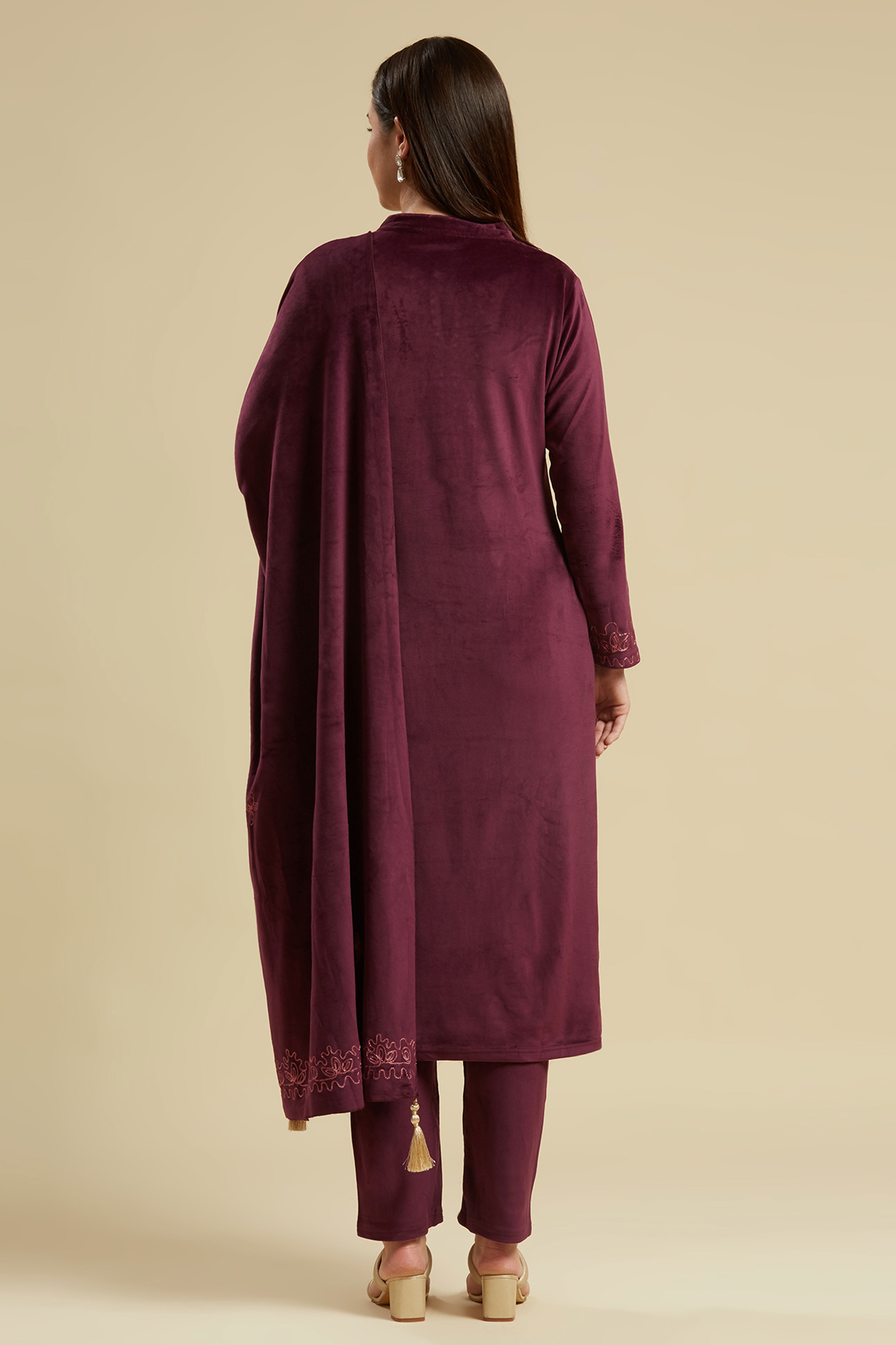 Wine Embroidered Velvet Straight Salwar Suit