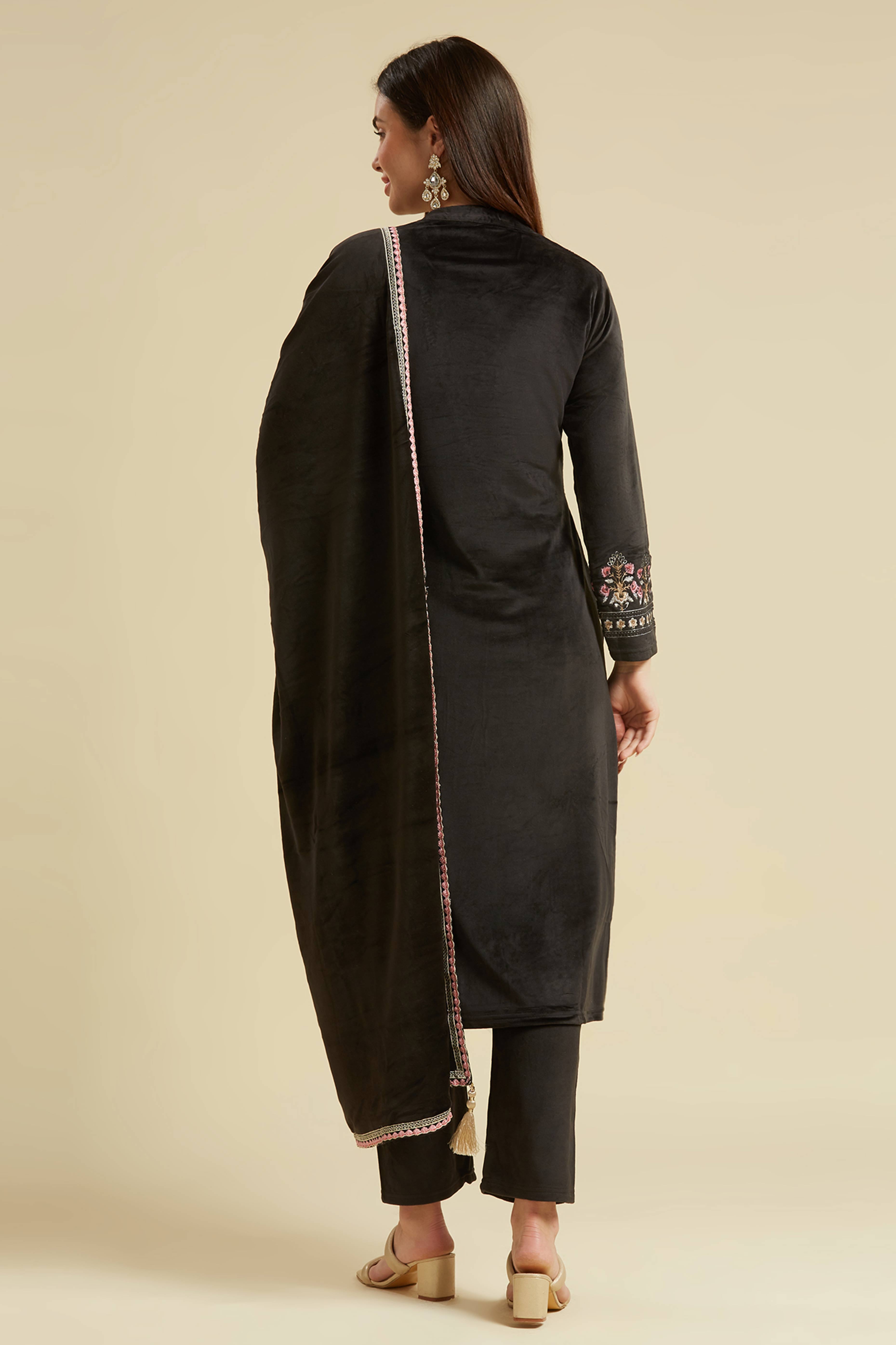 Black Embroidered Velvet Straight Salwar Suit