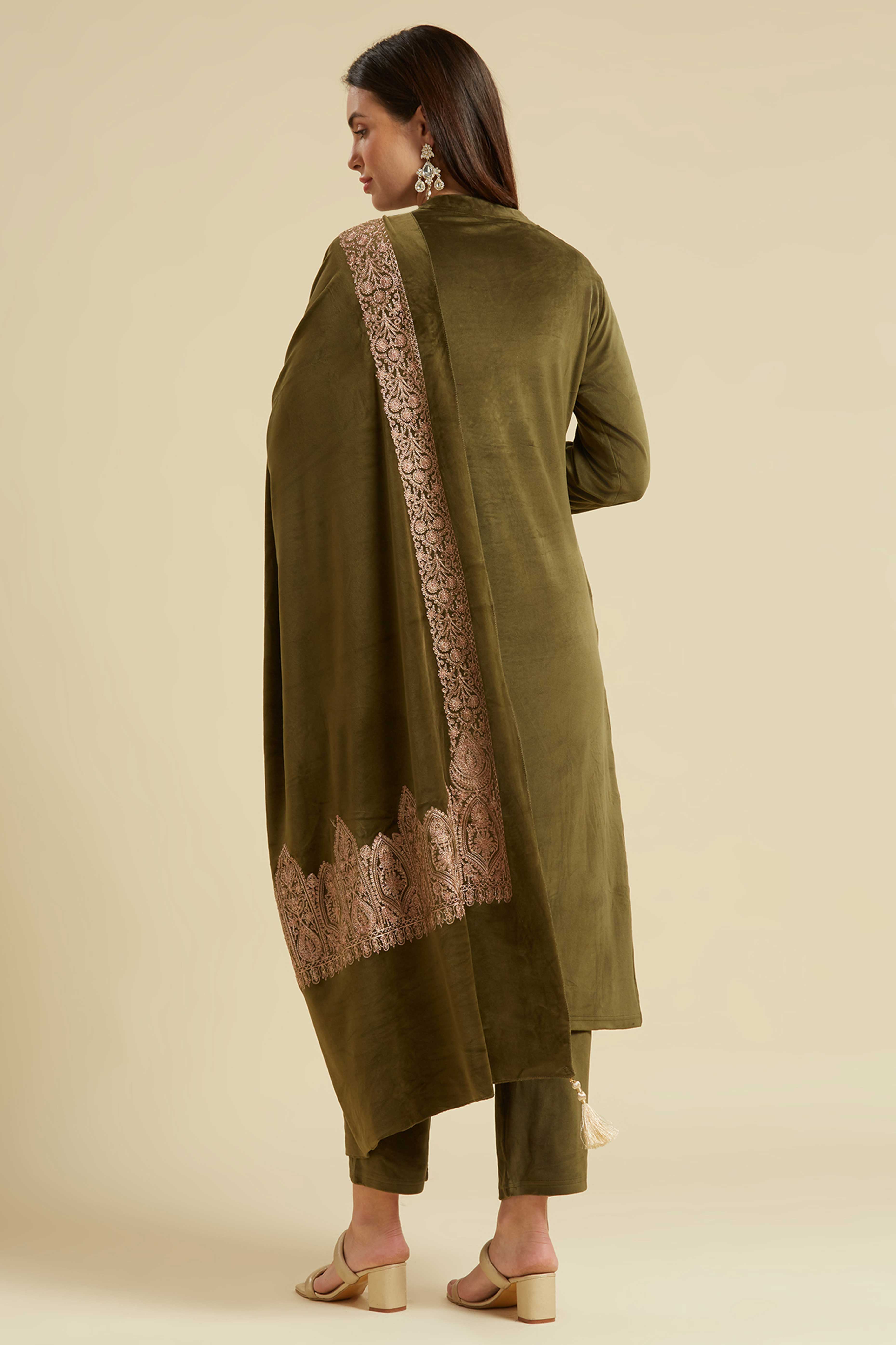 Green Embroidered Velvet Straight Salwar Suit