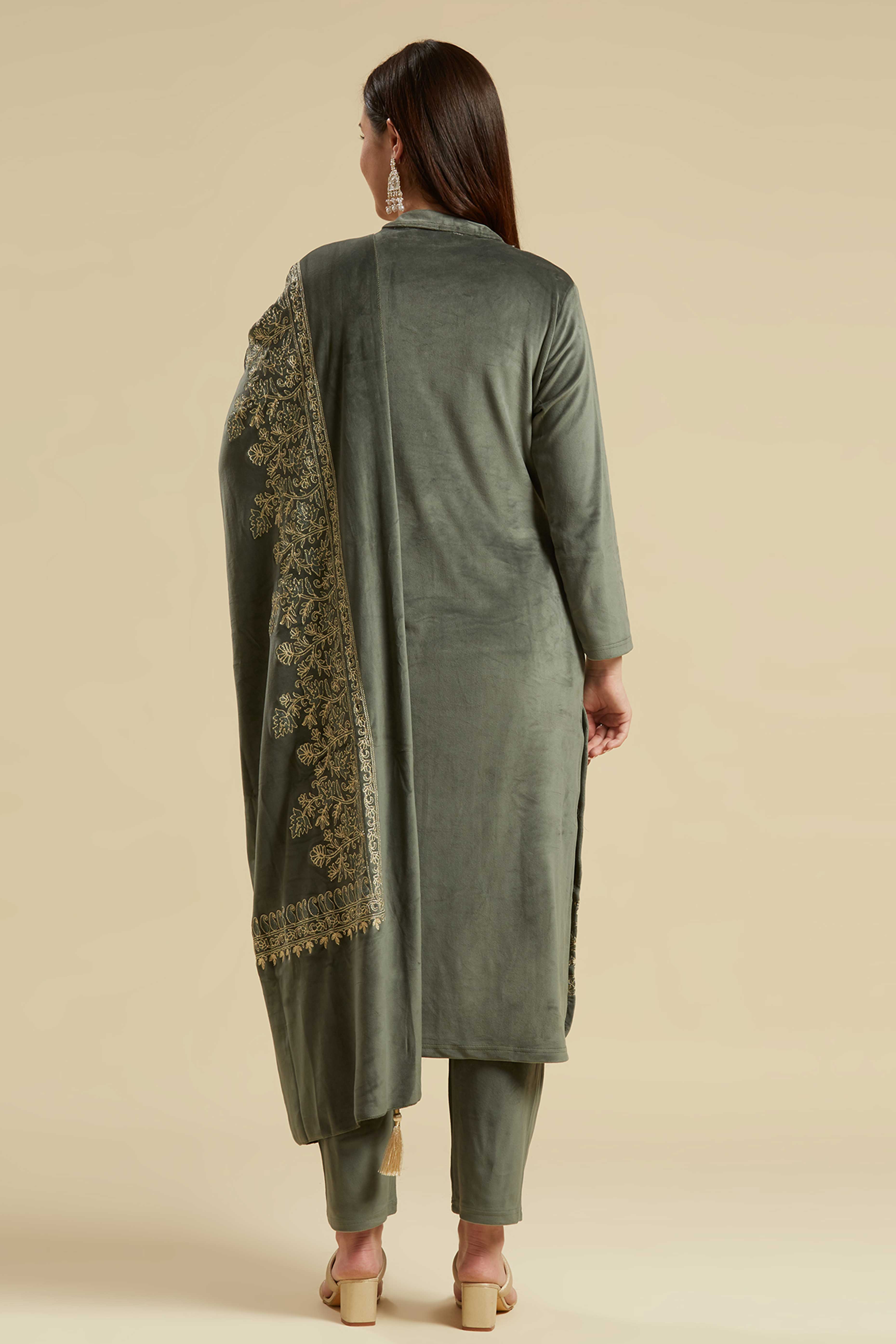 Green Embroidered Velvet Straight Salwar Suit