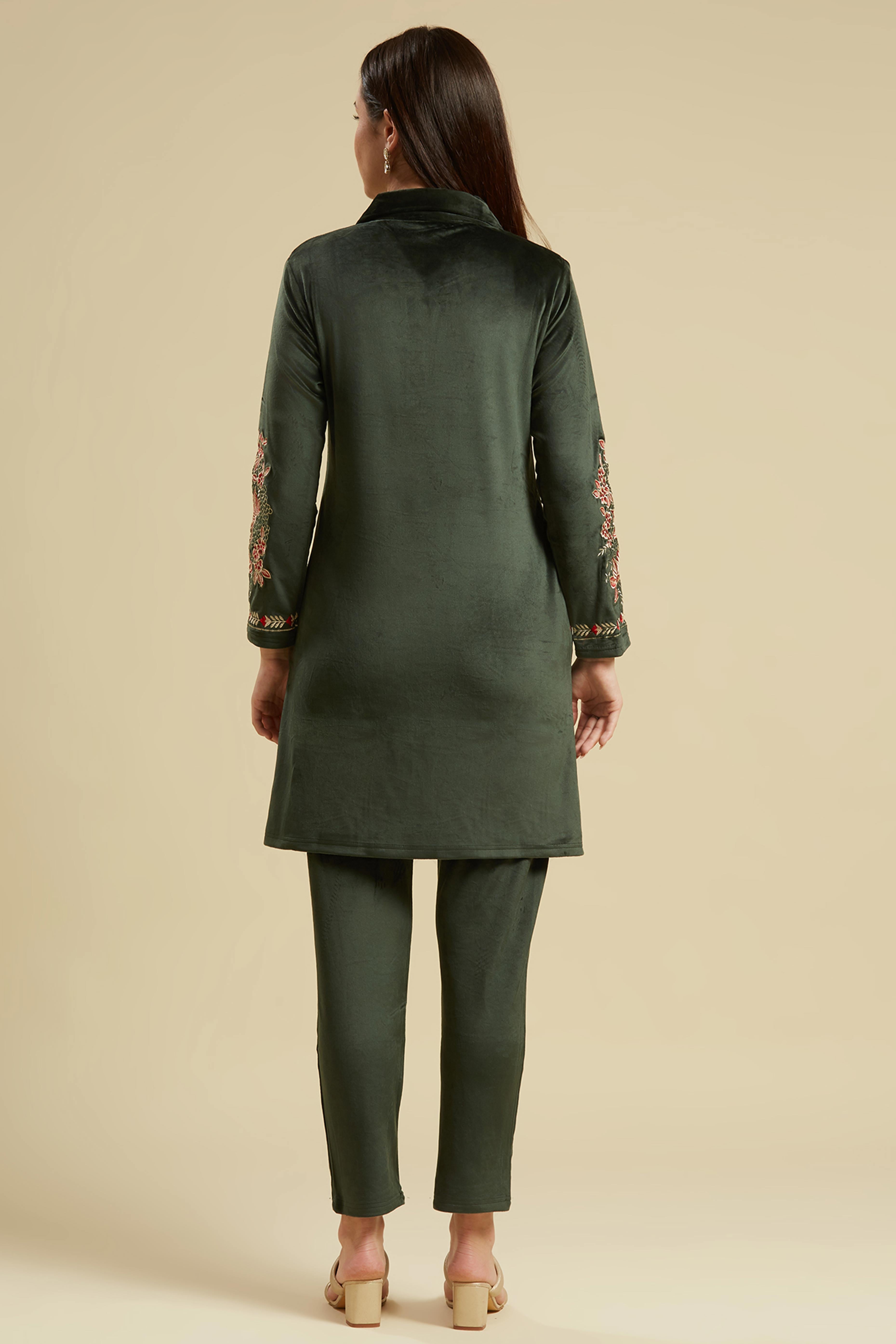 Green Embroidered Velvet Straight Top Bottom Set