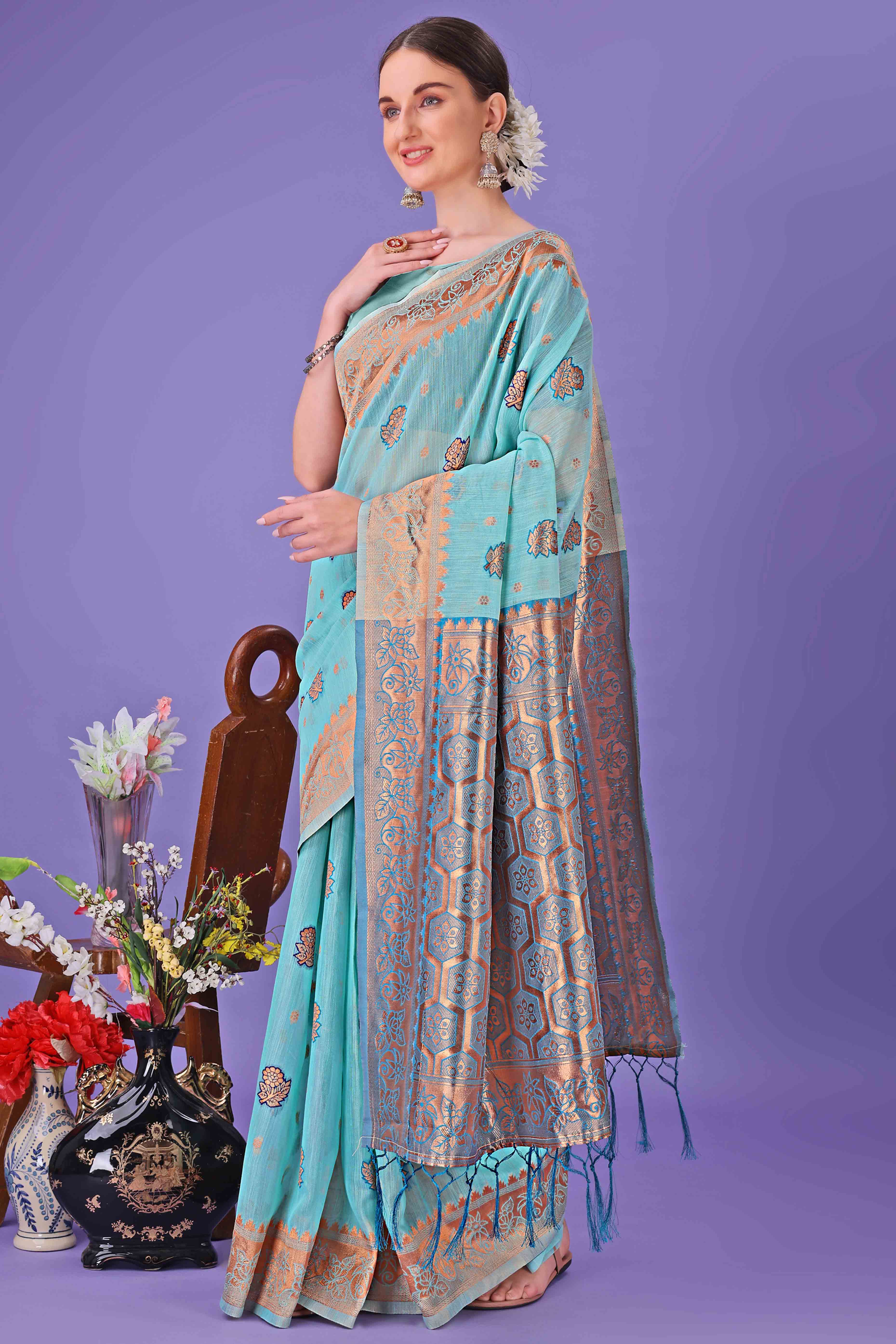Sea Green Saree with Floral Zari Weaving on a Linen Cotton Base