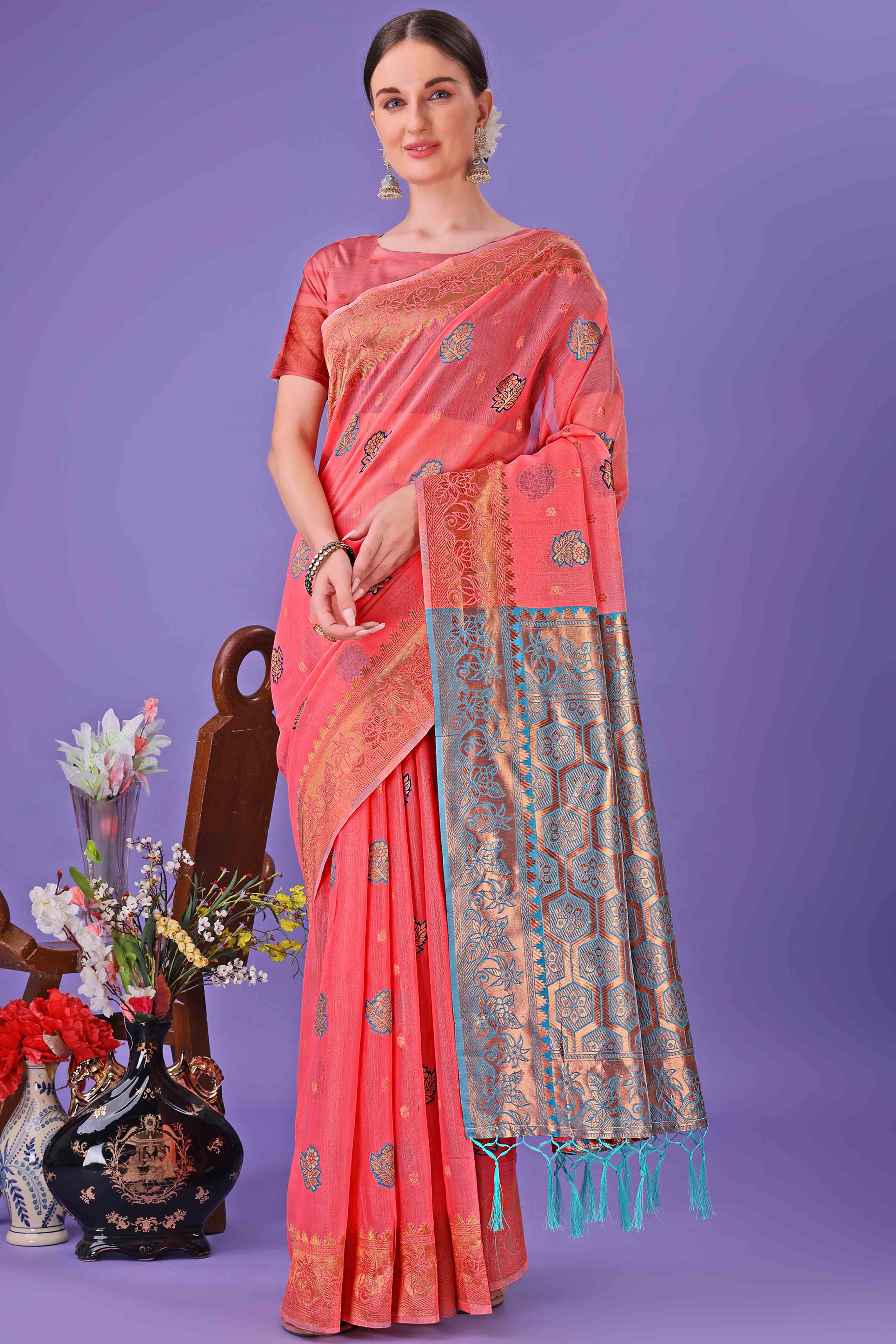 Peach Saree with Floral Zari Weaving on a Linen Cotton Base