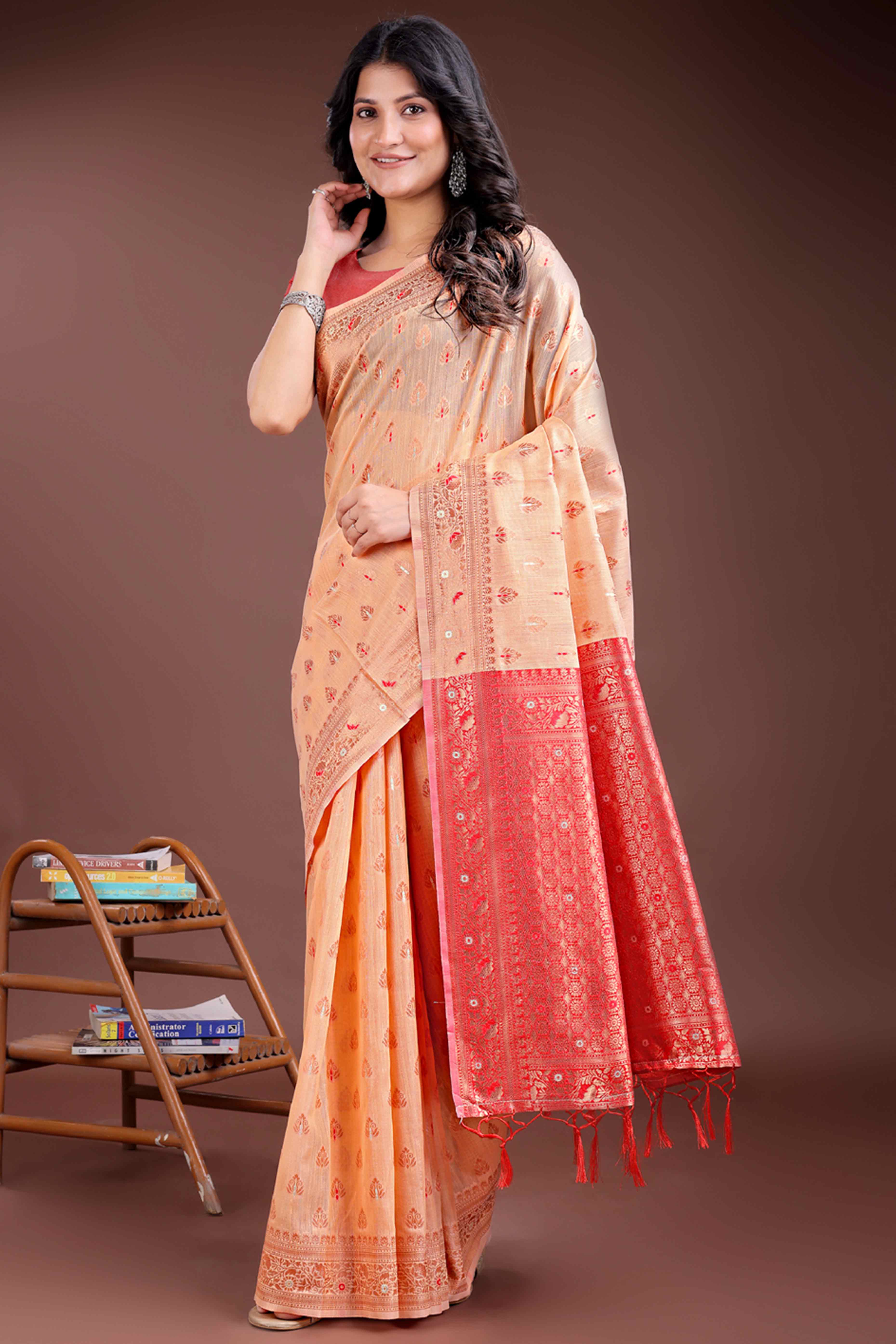 Vibrant Orange Floral Zari Weaving Cotton Blend Saree with Eye-Catching Tassels