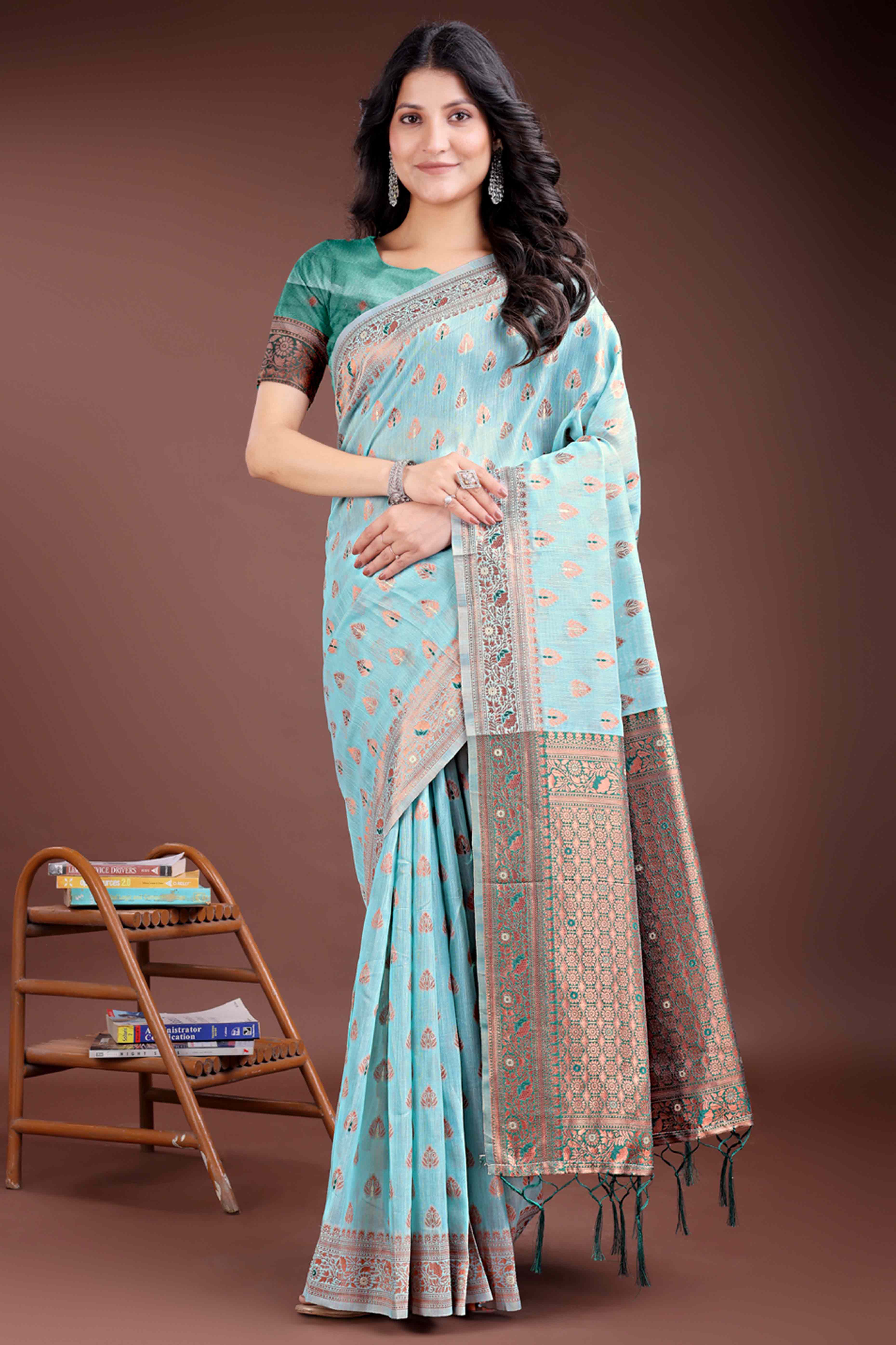 Serene Aqua Blue Floral Zari Weaving Cotton Blend Saree with Charming Tassel Ornaments