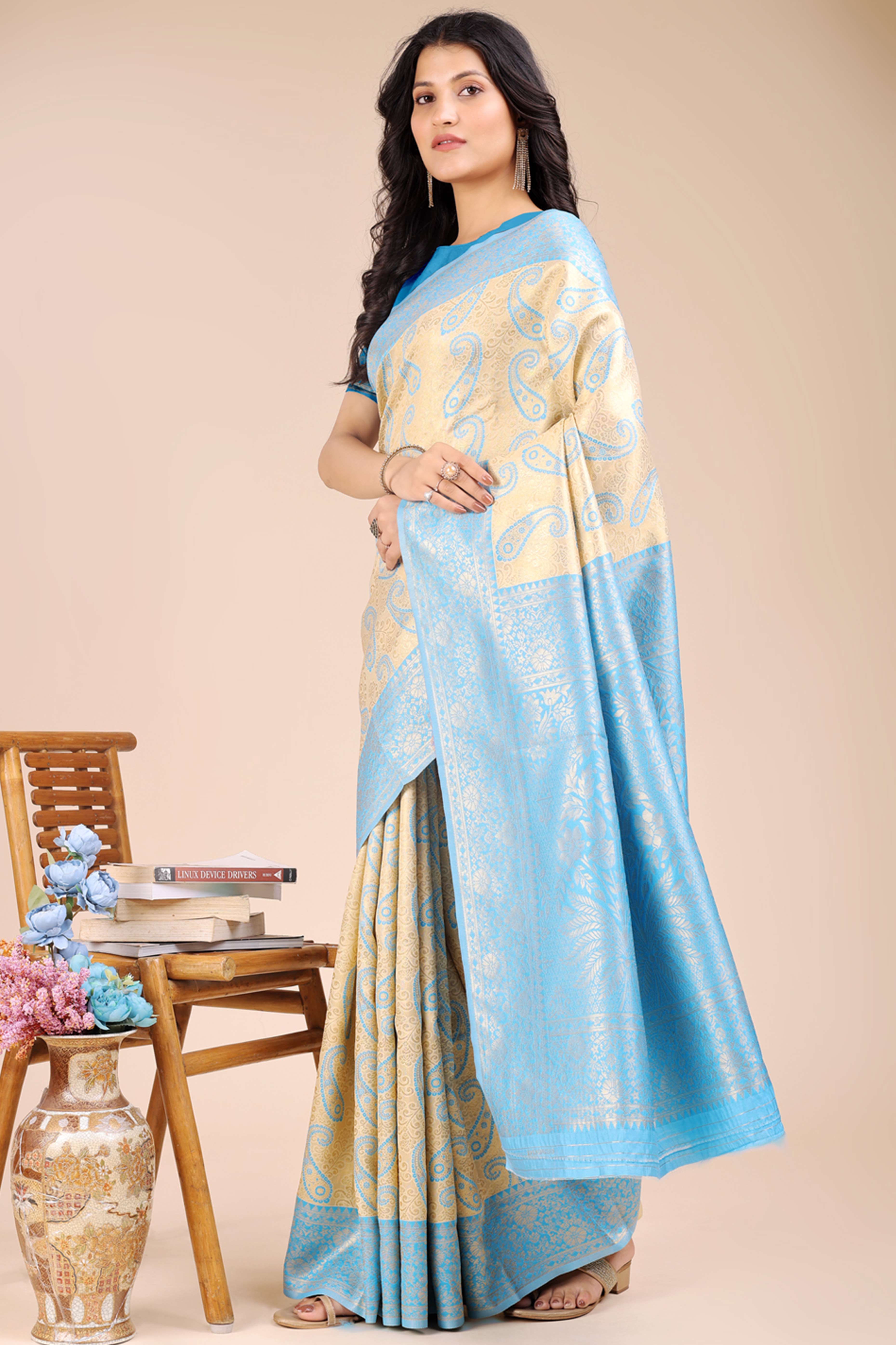 Cream Banarasi Silk Saree Featuring Sky Blue Floral Zari Weaving and a Rich Contrast Border