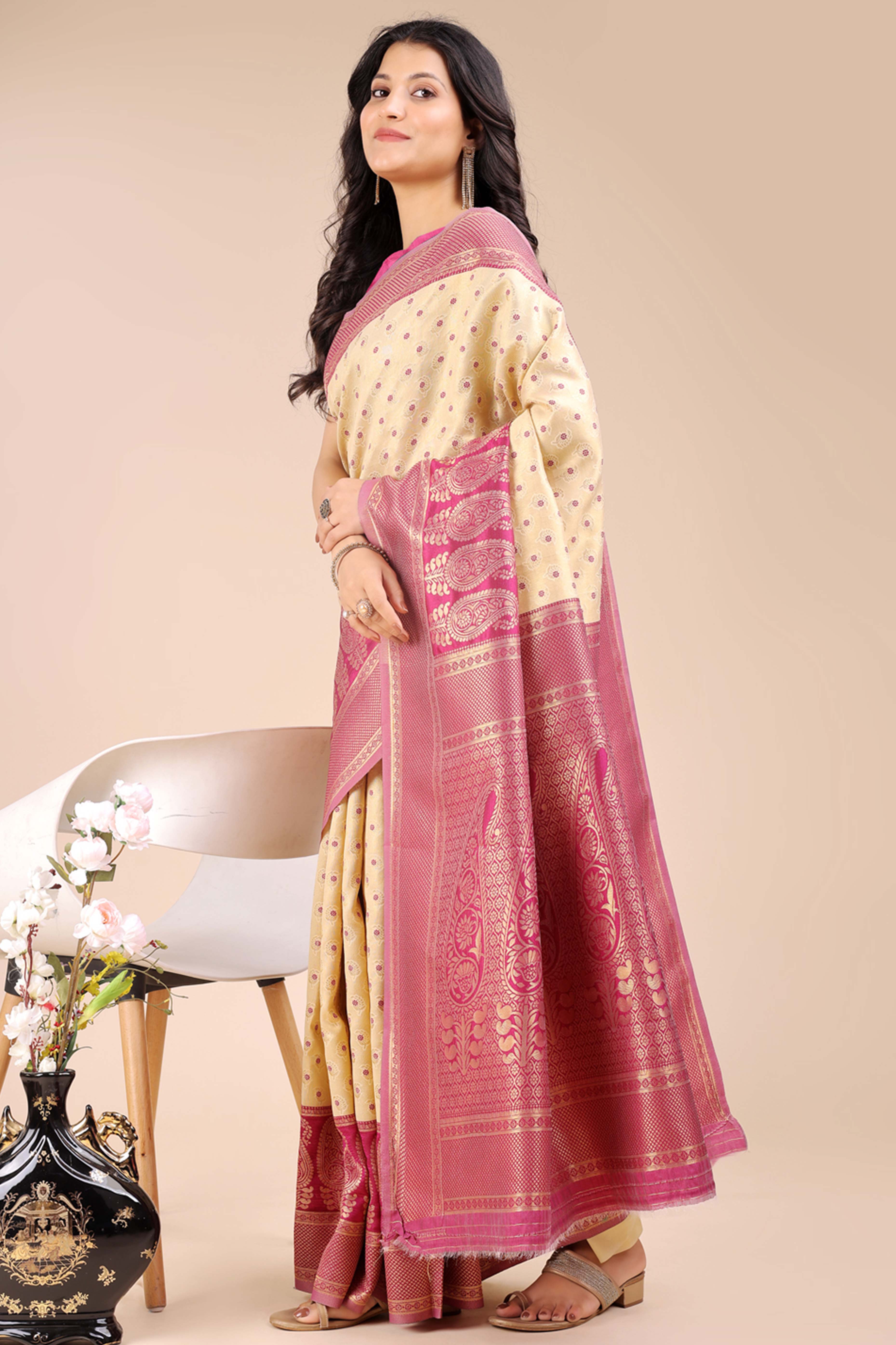 Cream Banarasi Silk Saree Featuring Lustrous Magenta Floral Zari Weaving and a Rich Contrast Border