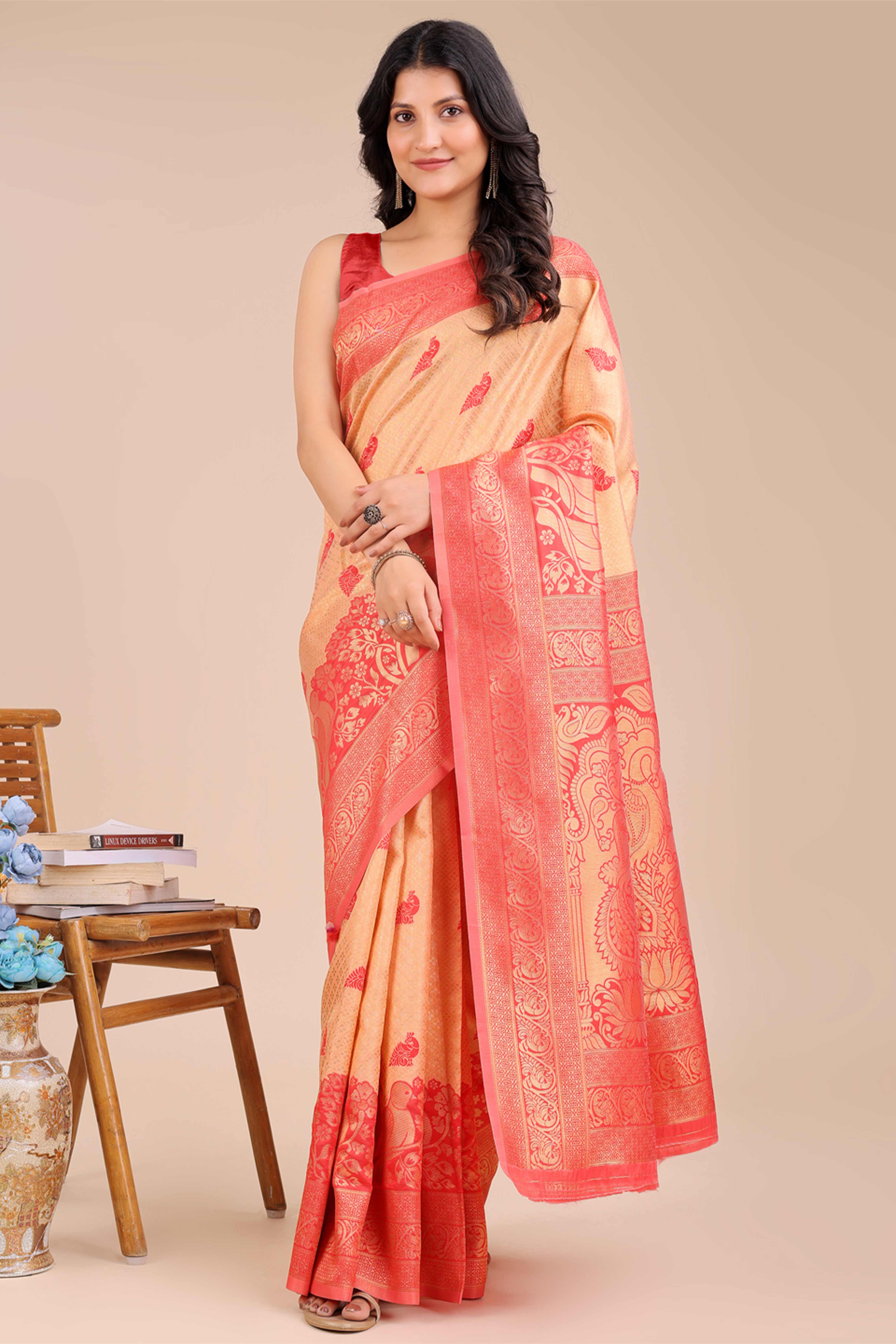 Cream & Red Floral Zari Weaving Banarasi Silk Saree With Intricate Peacock Pallu
