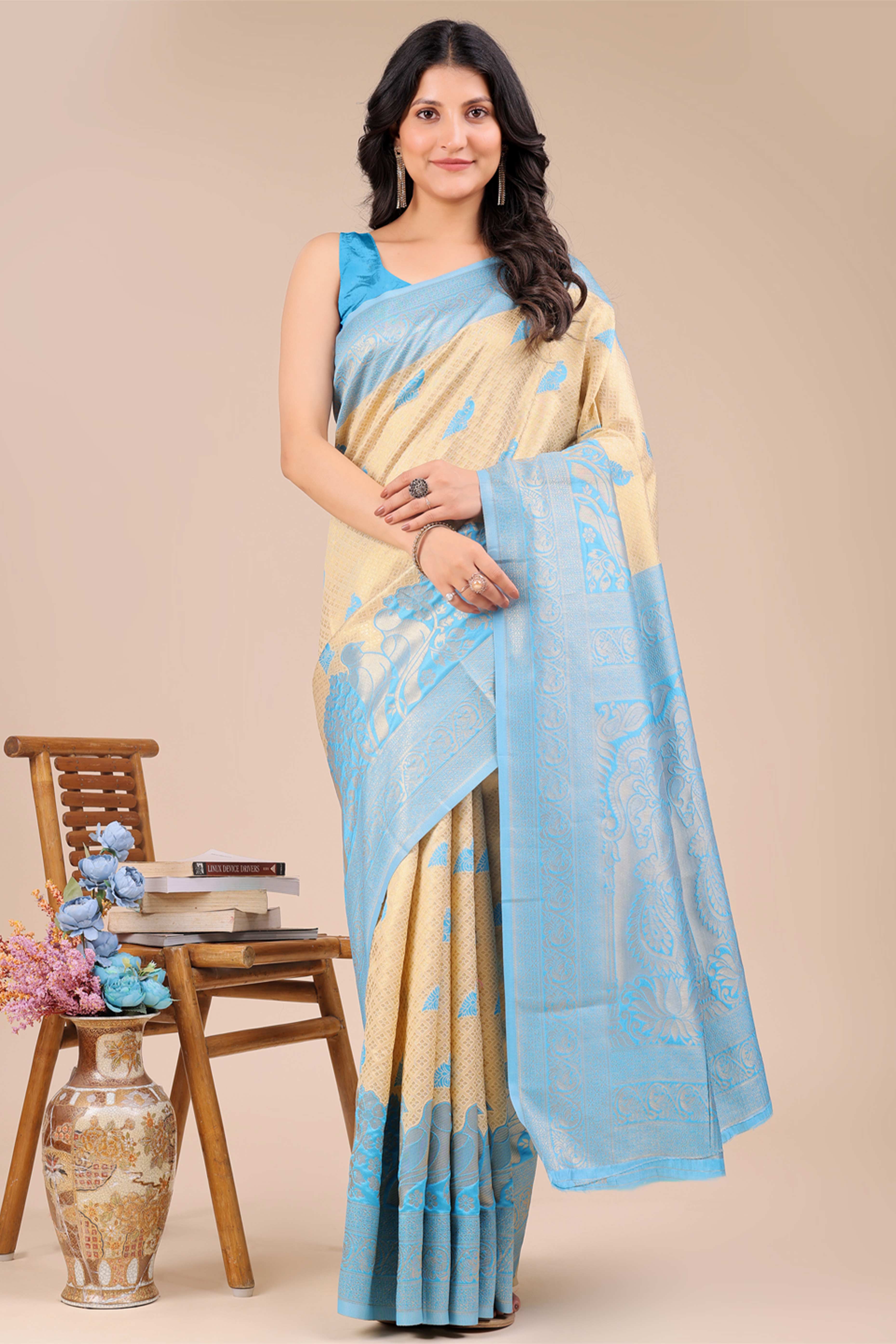 Cream & Sky Blue Floral Zari Weaving Banarasi Silk Saree With Intricate Peacock Pallu