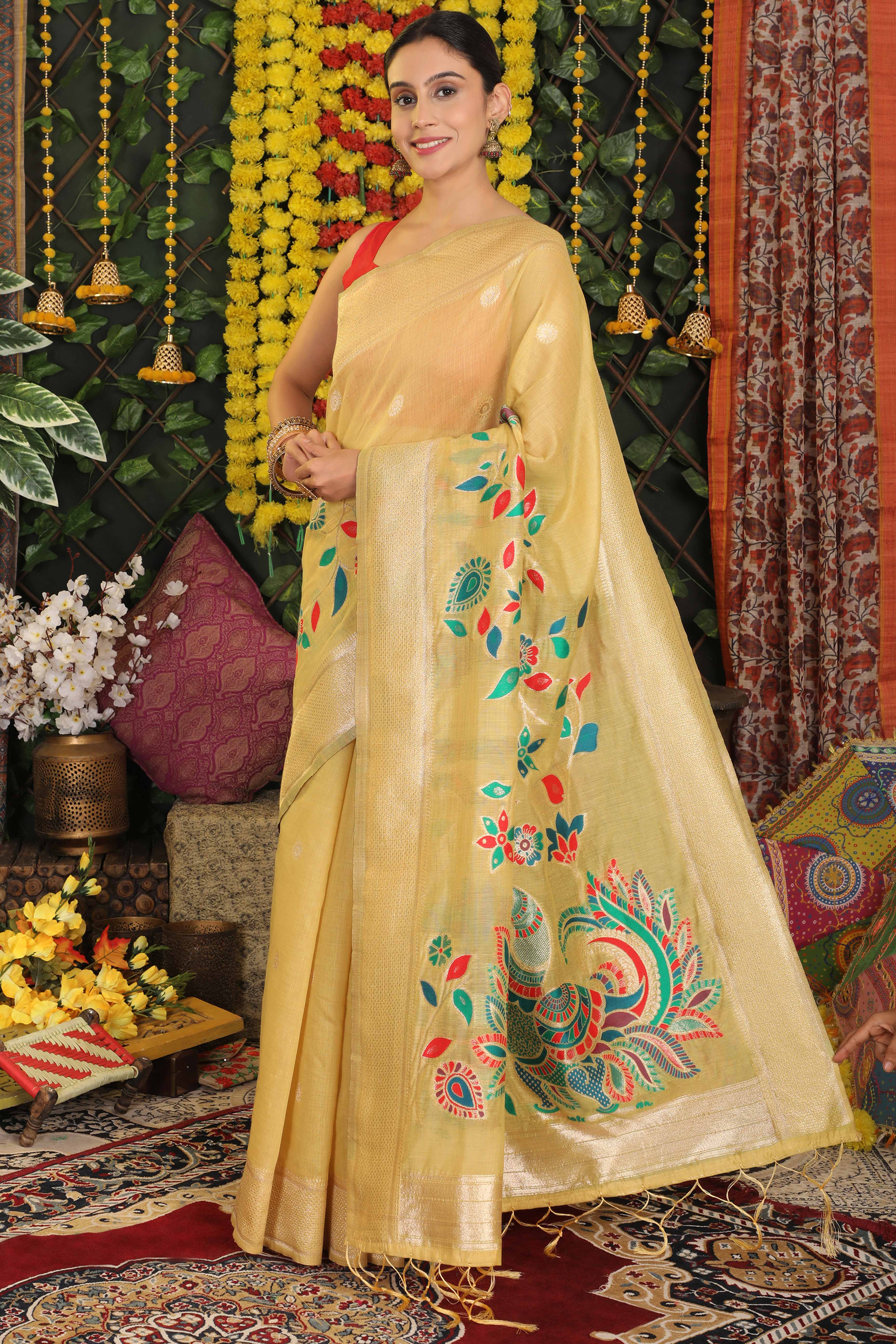 Light Yellow Linen Cotton Saree Showcasing Floral & Peacock Zari Woven Design