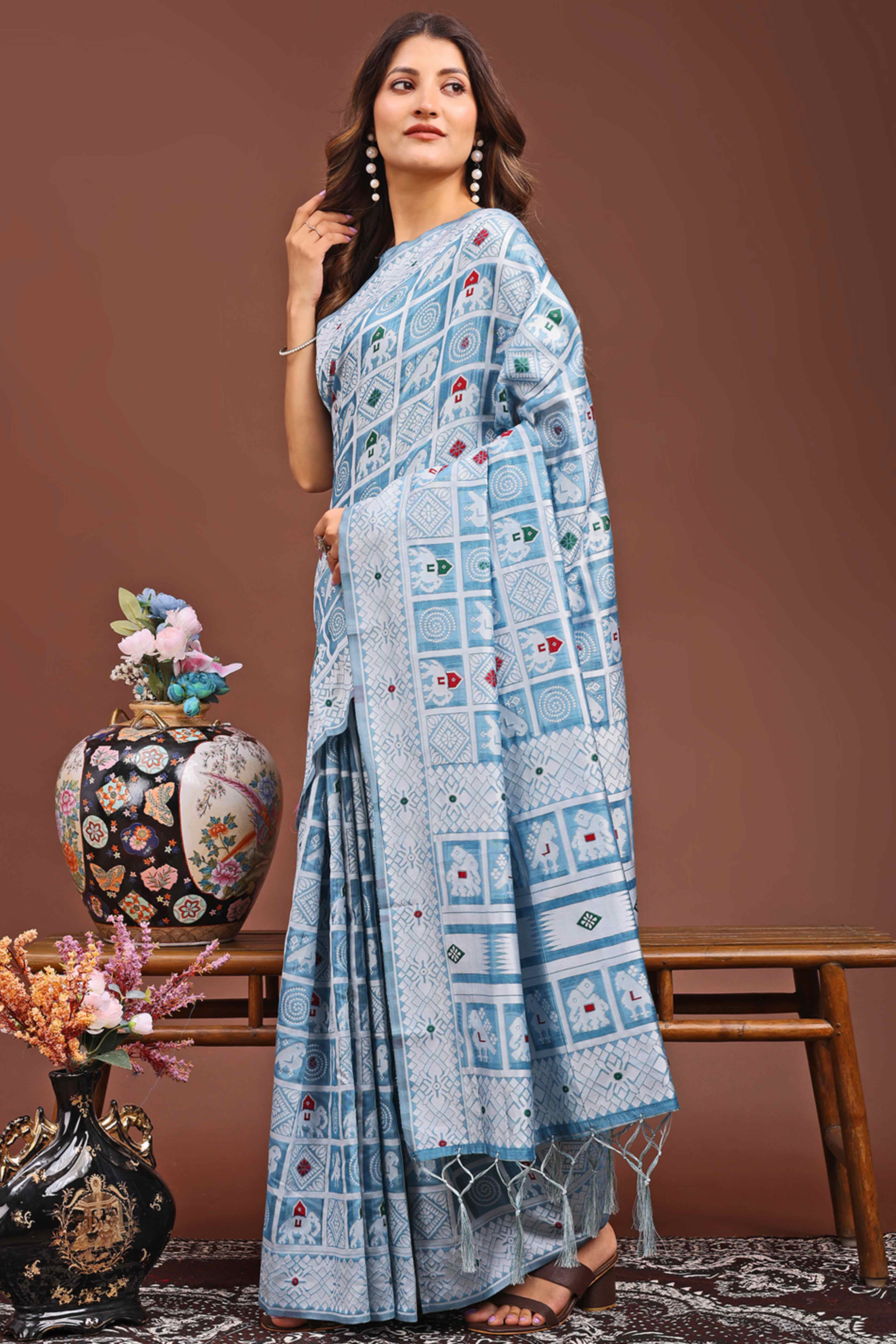 Blue Linen Cotton Saree Adorned With Zari Weaving & Tassel pallu