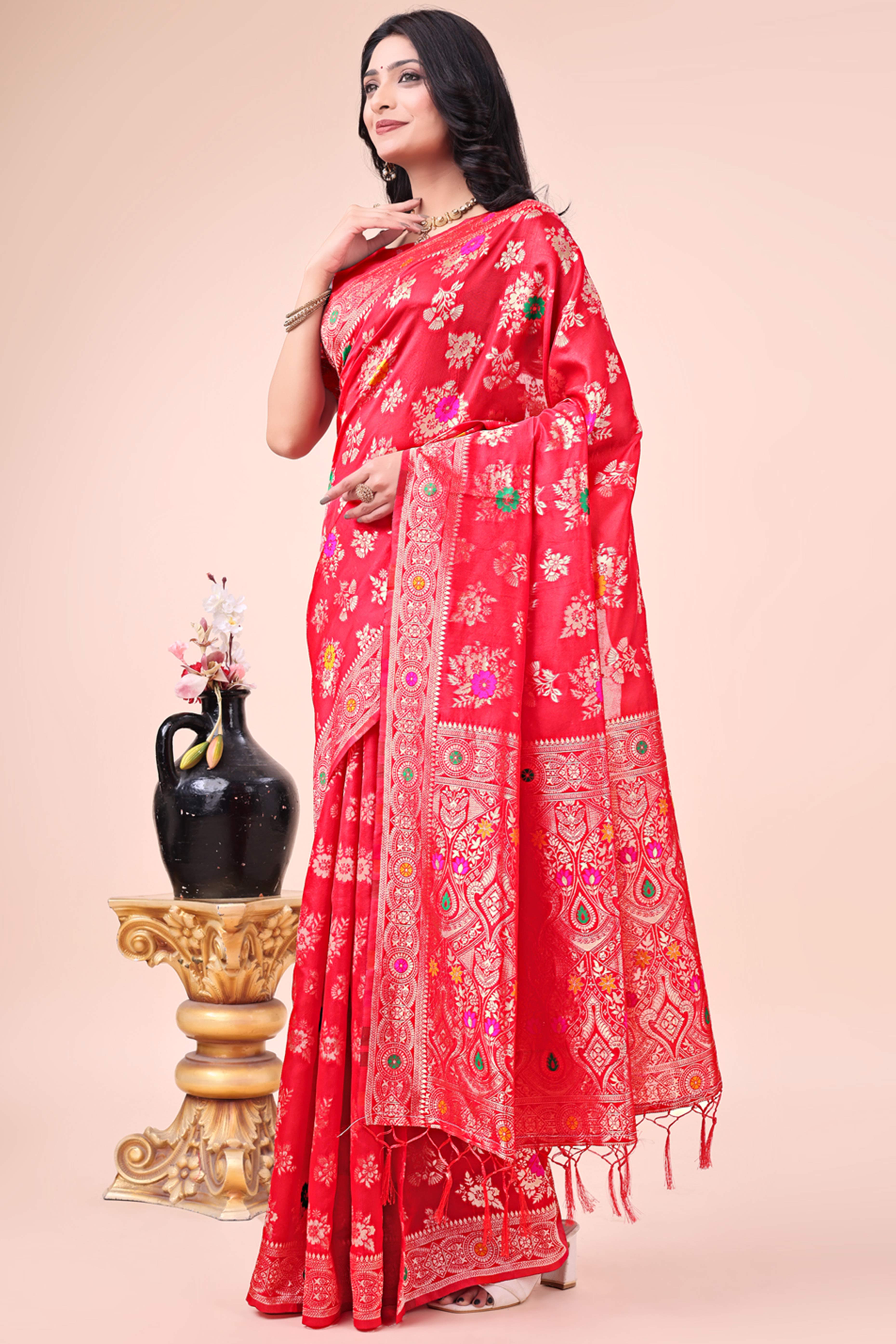 Red Banarasi Silk Saree With Intricate Floral Weave & Elegant Tassel Accents