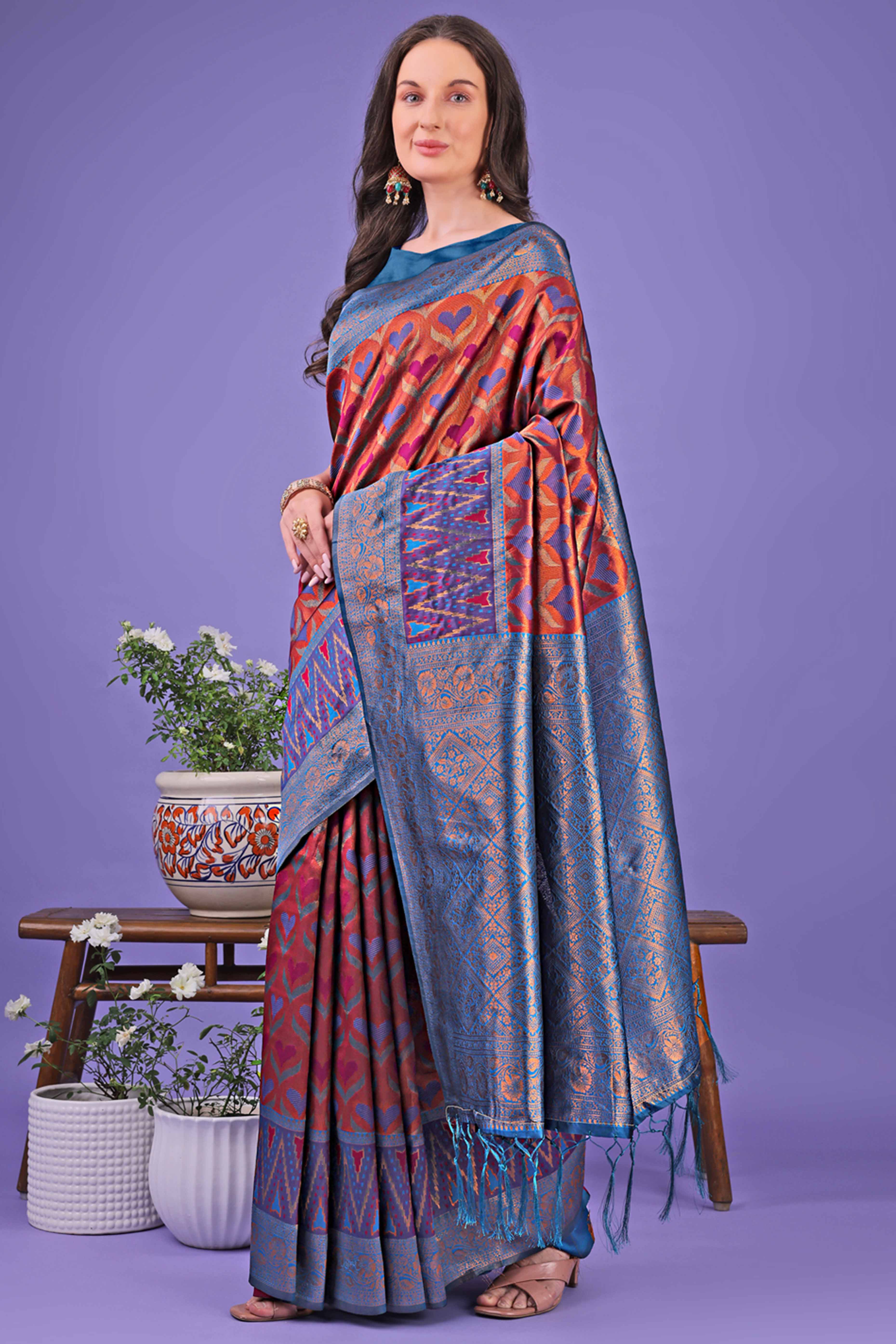 Rust Heart Motif Zari Woven Lichi Cotton Silk Saree With Flowing Tassels