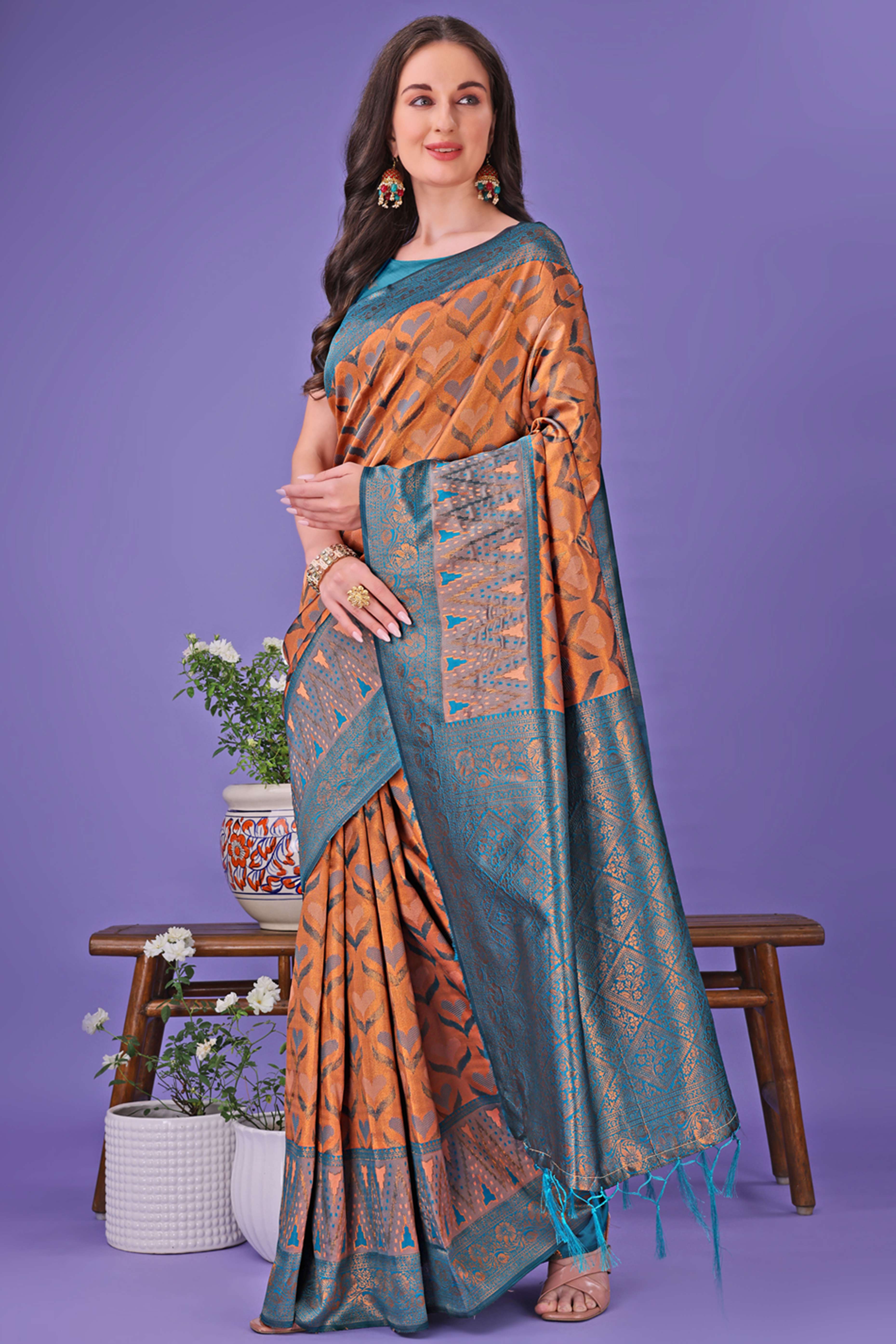 Peach Heart Motif Zari Woven Lichi Cotton Silk Saree With Flowing Tassels