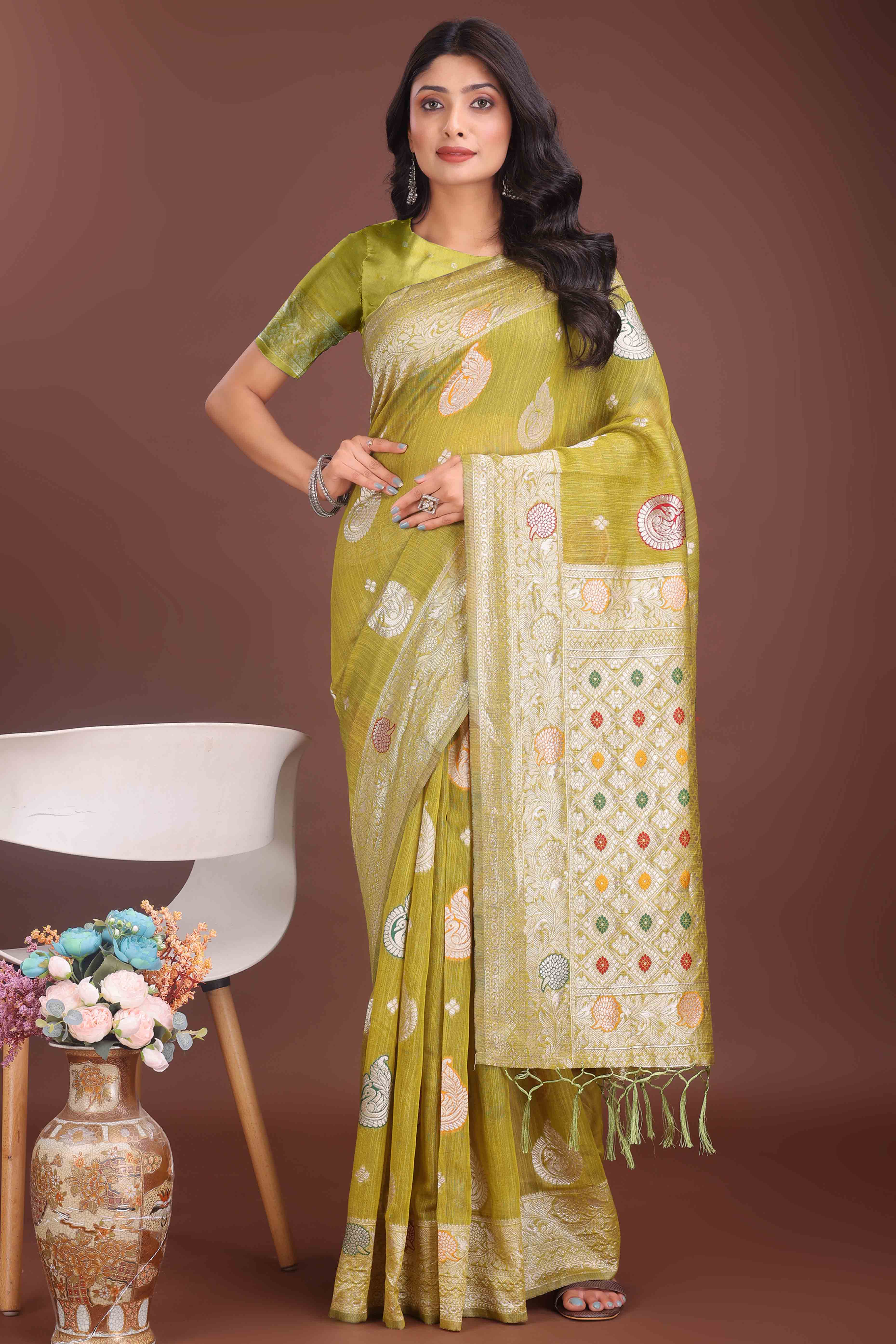 Green Lichi Cotton Blend Saree With Zari Floral Weaving & Tassel Detailing