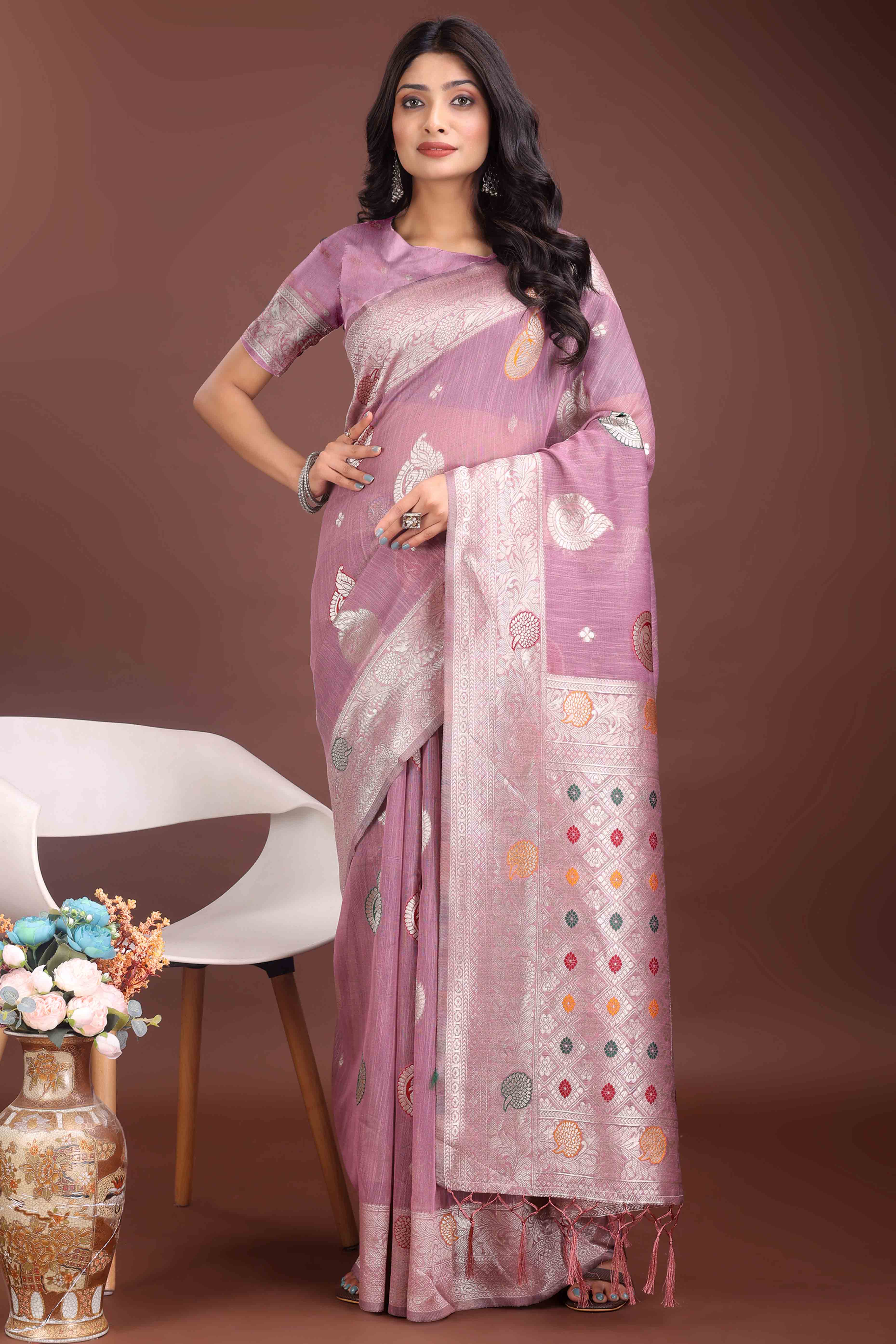 Purple Lichi Cotton Blend Saree With Zari Floral Weaving & Tassel Detailing