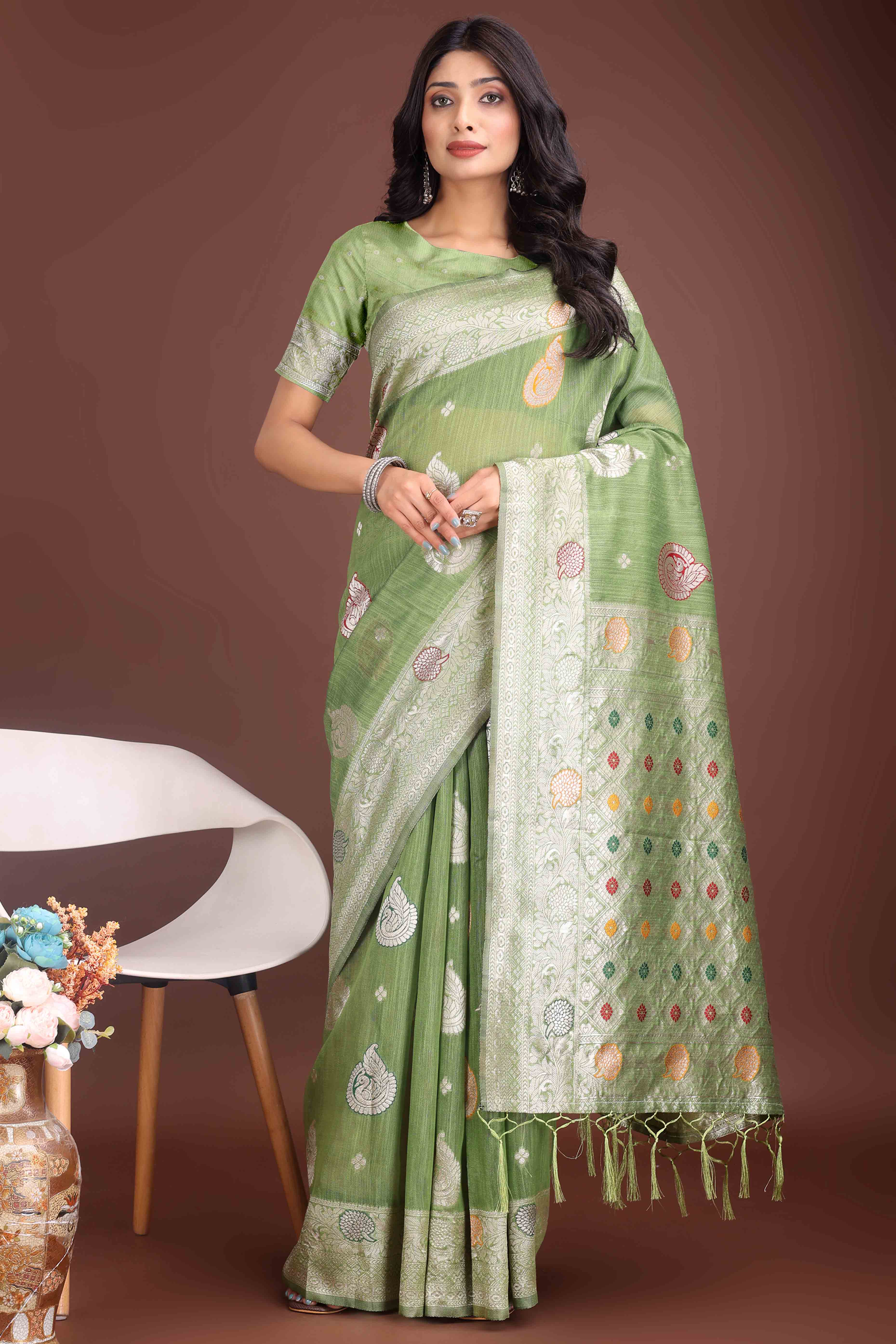 Light Green Lichi Cotton Blend Saree With Zari Floral Weaving & Tassel Detailing
