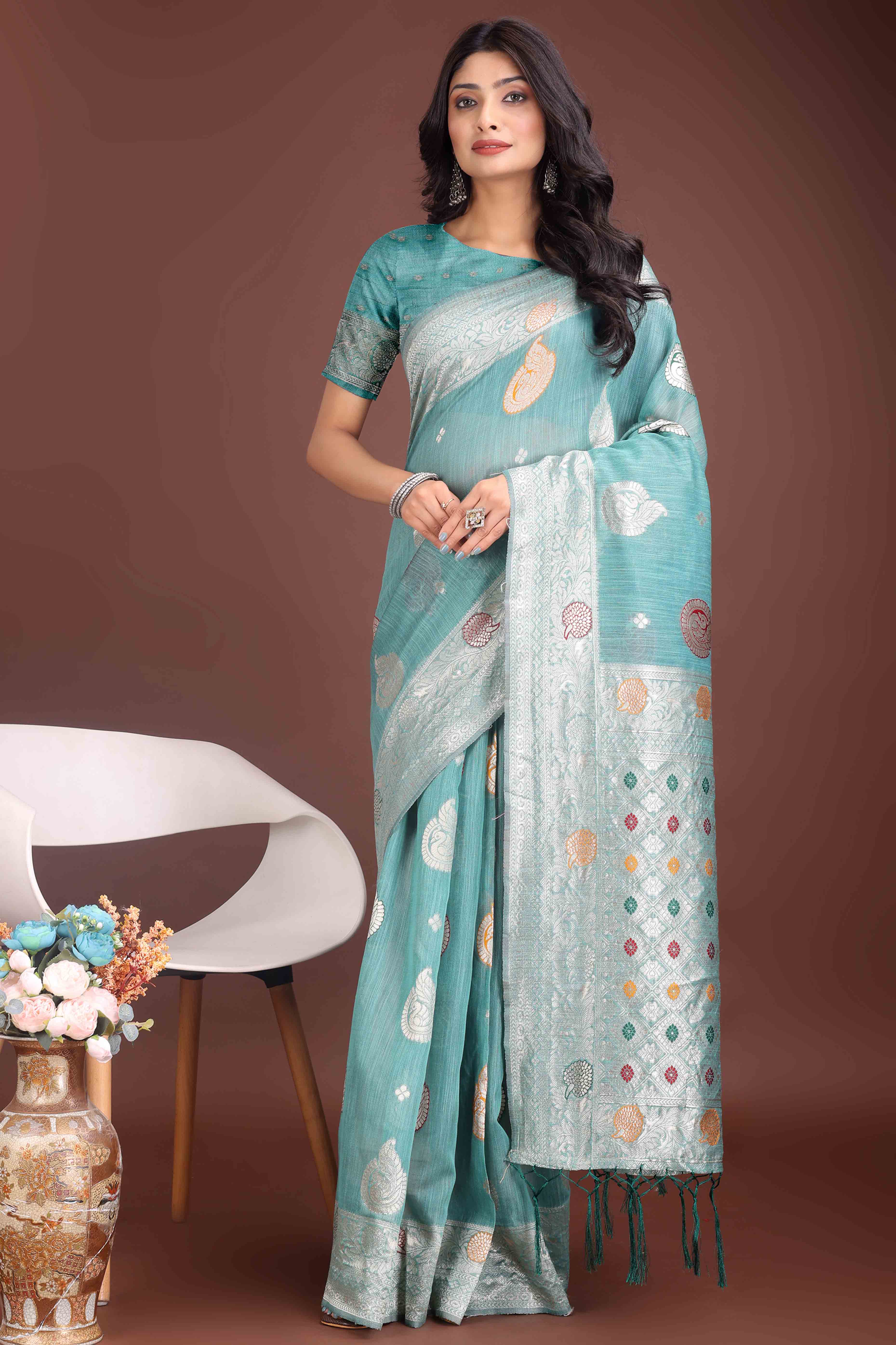 Blue Lichi Cotton Blend Saree With Zari Floral Weaving & Tassel Detailing