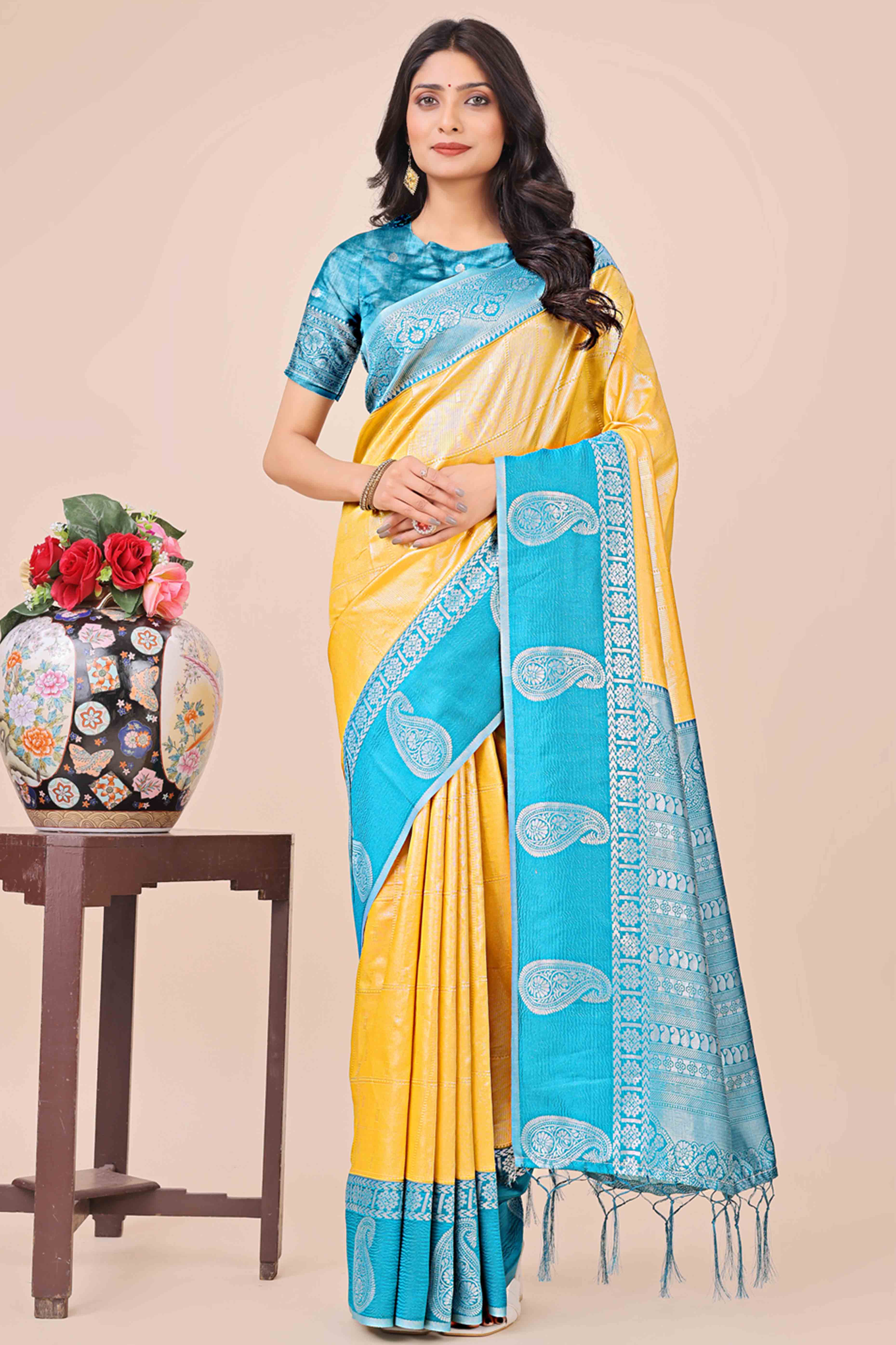 Yellow Lichi Silk Blend Saree With Intricate Paisley Zari Weave & Graceful Tassels