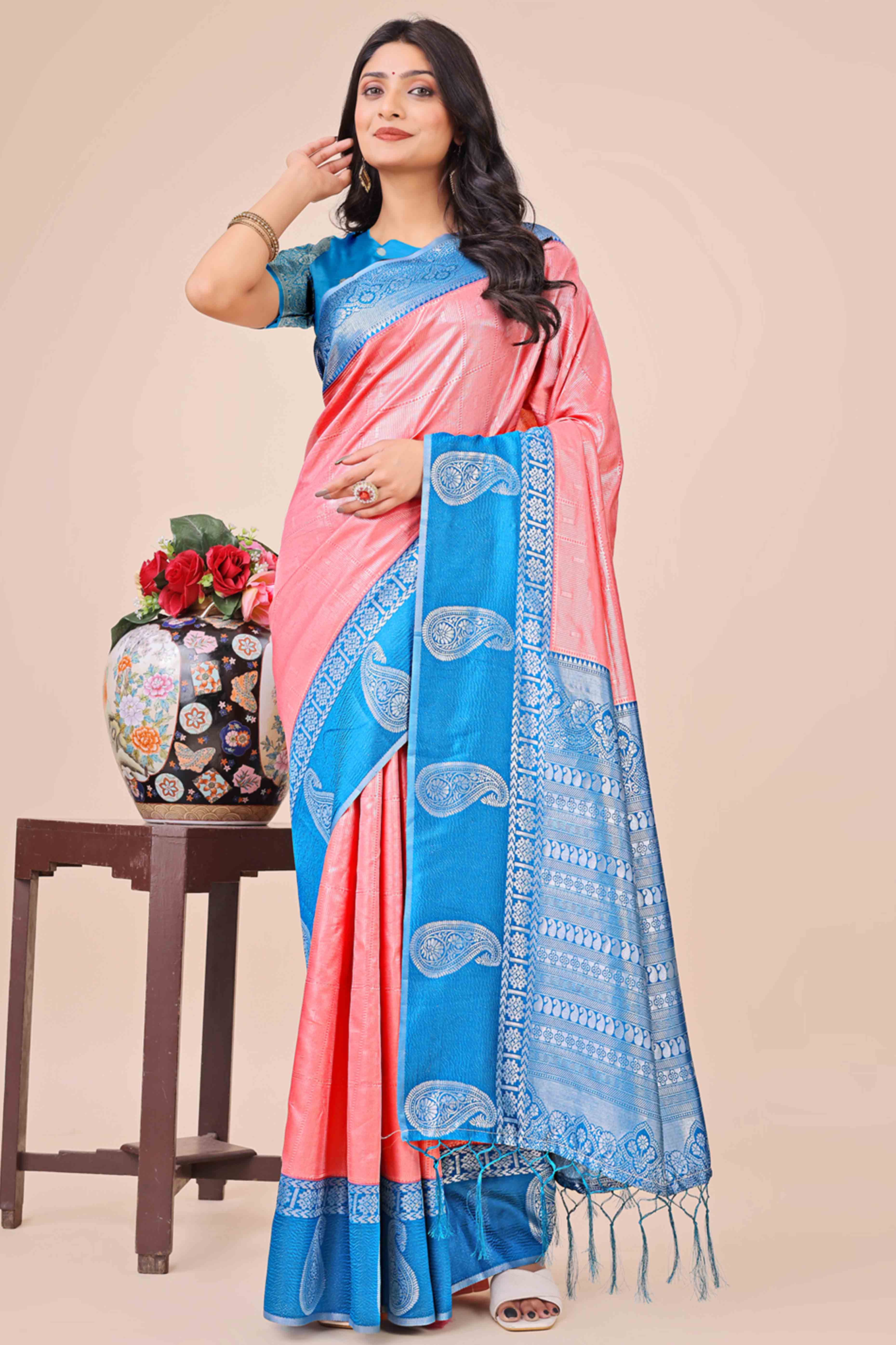 11Peach Lichi Silk Blend Saree With Intricate Paisley Zari Weave & Graceful Tassels