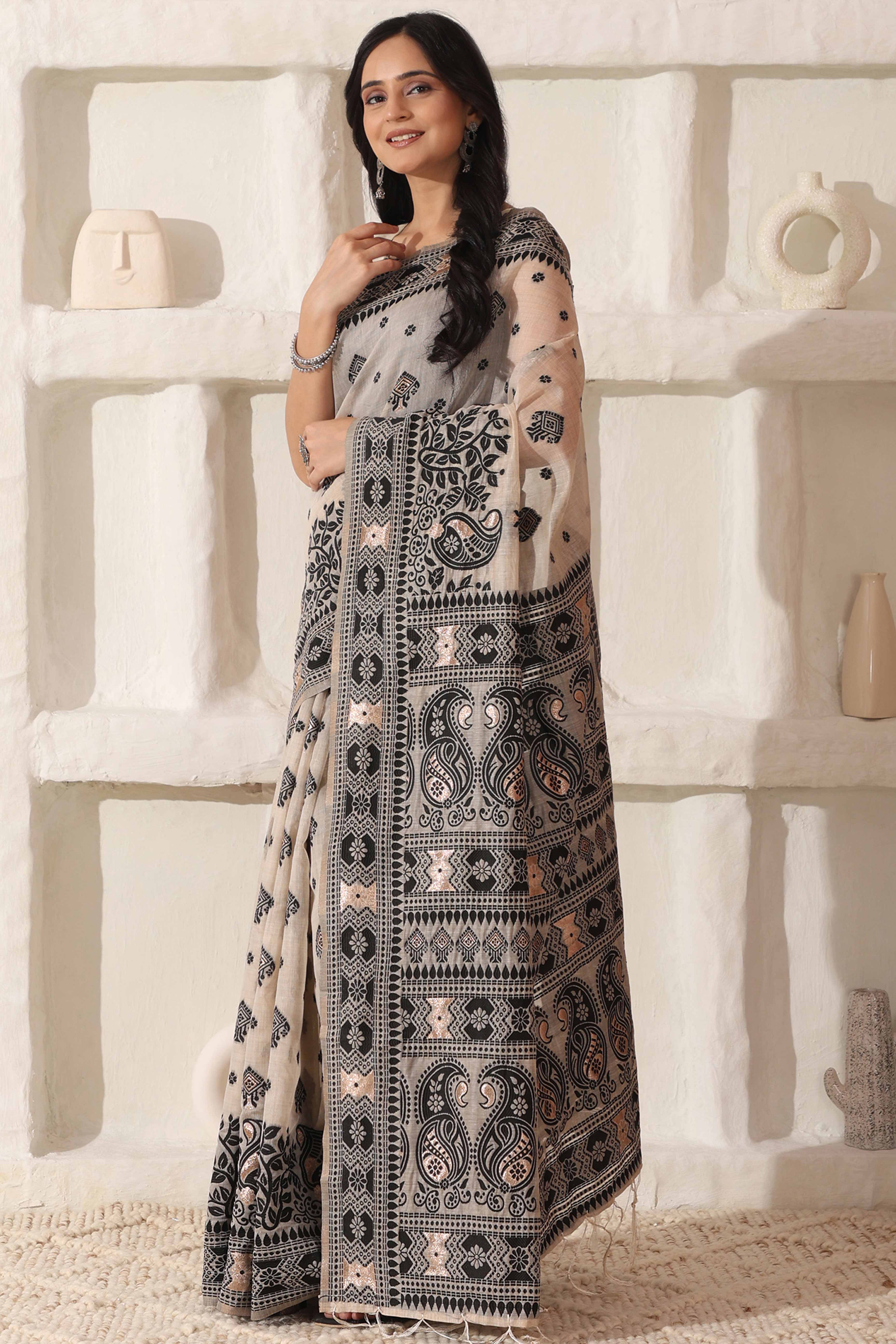 Cream & Black Saree In Linen Cotton With Traditional Zari Woven Detailing And Tassel Pallu