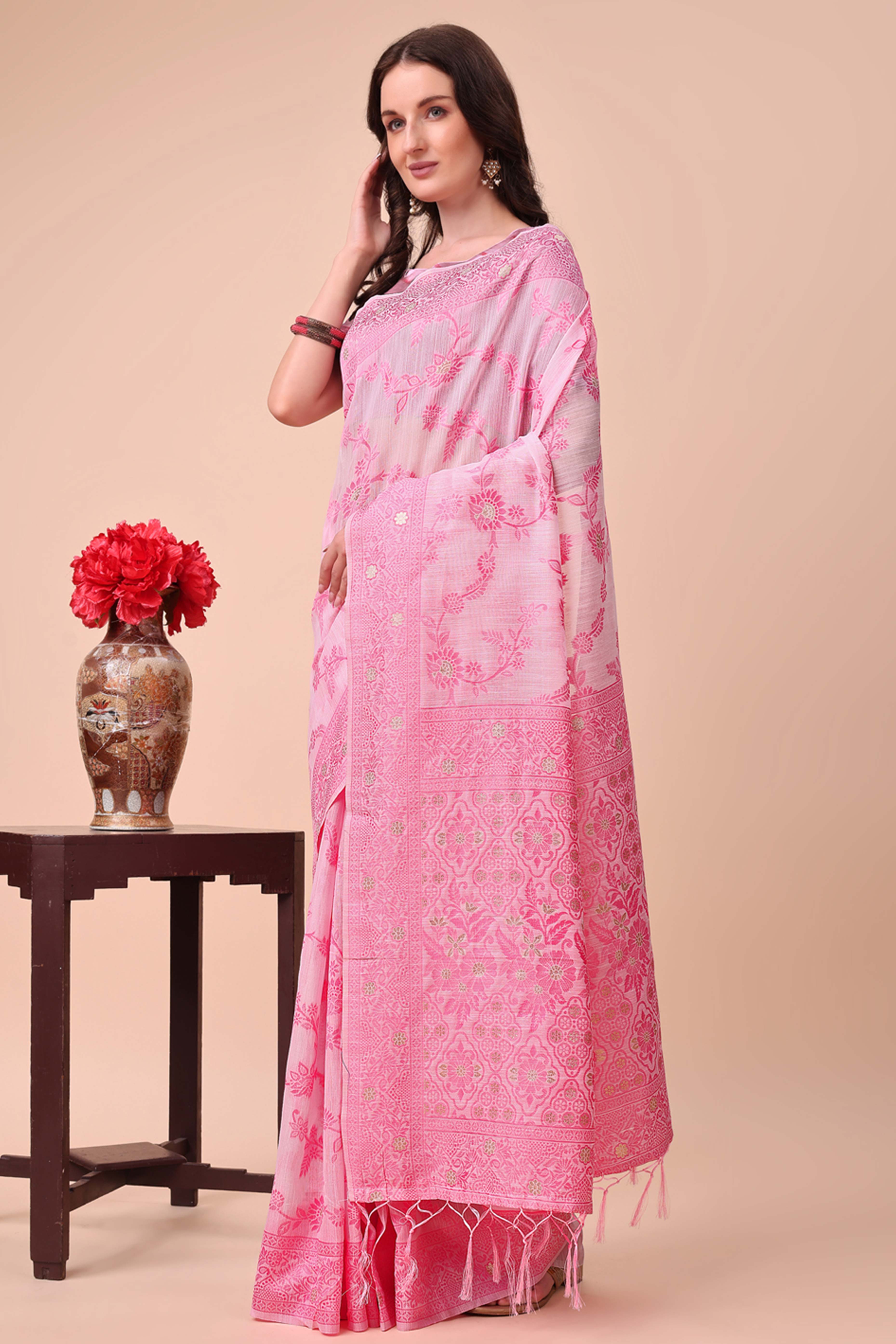 Pink Floral Zari Woven Cotton Blend Saree With Delicate Tassel Detailing