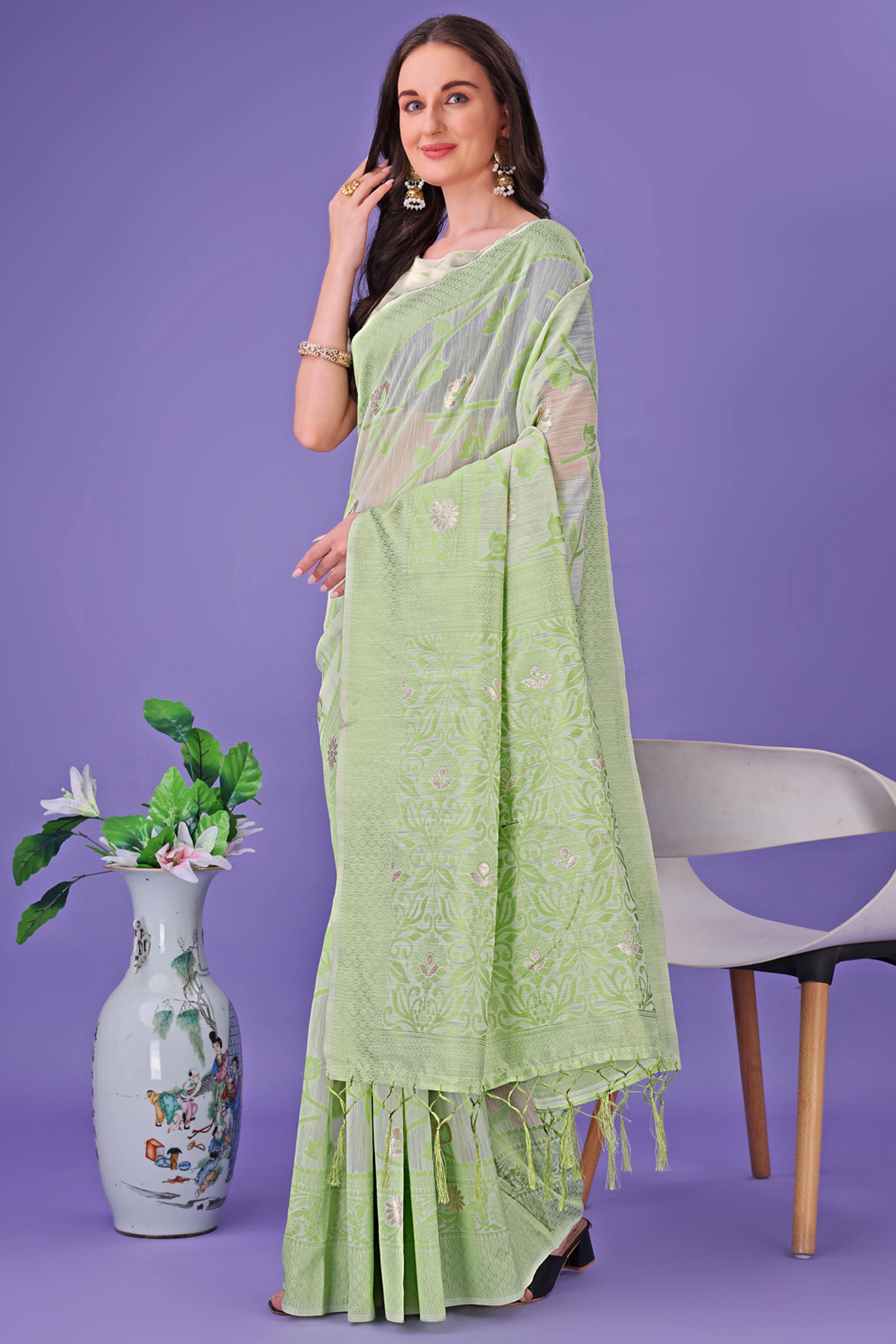 Light Green Floral Pattern Woven Saree in a Soft Cotton Blend with Tasseled Edges