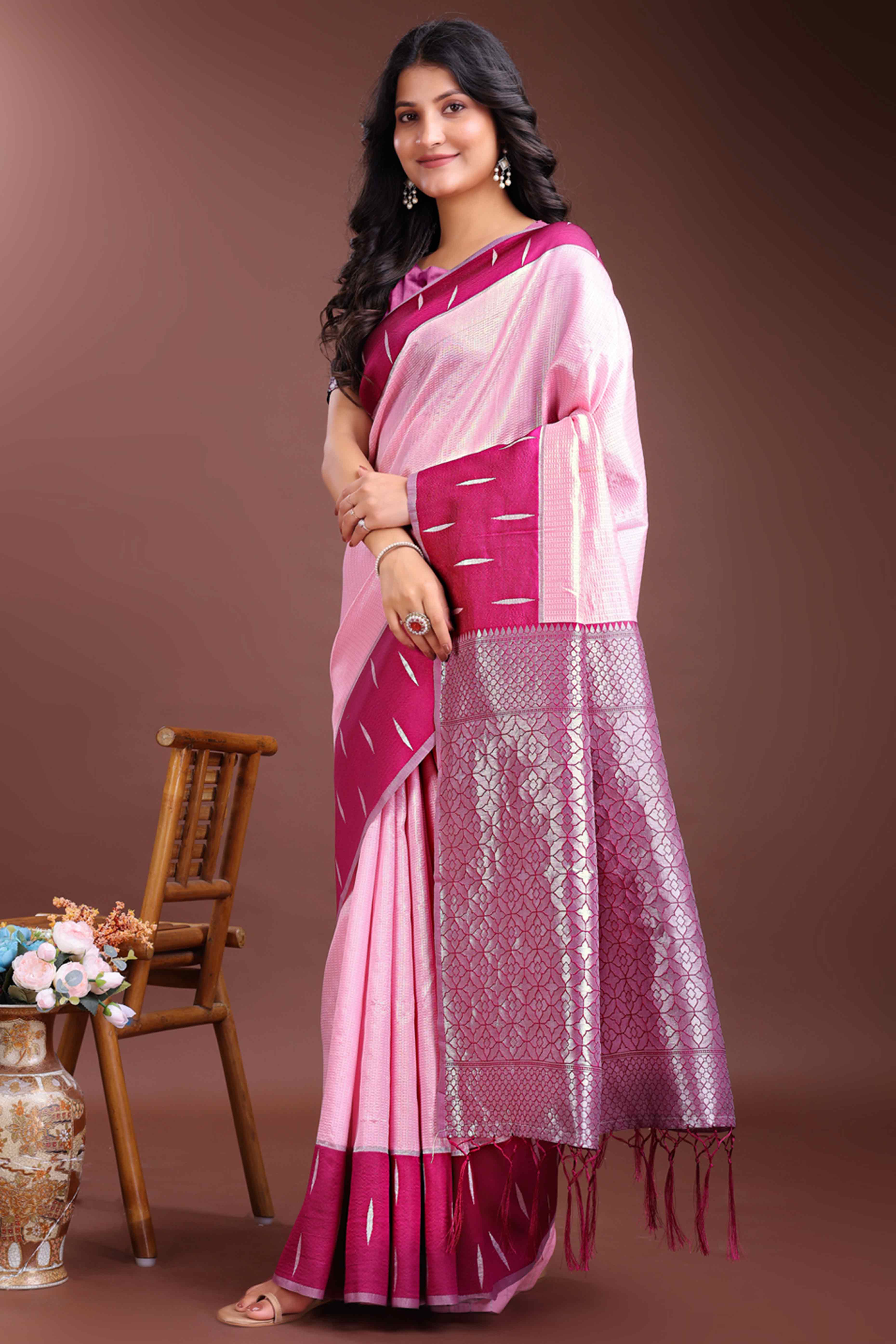 Exquisite Pink Zari Weaving Silk Blend Saree with Unmatched Grace