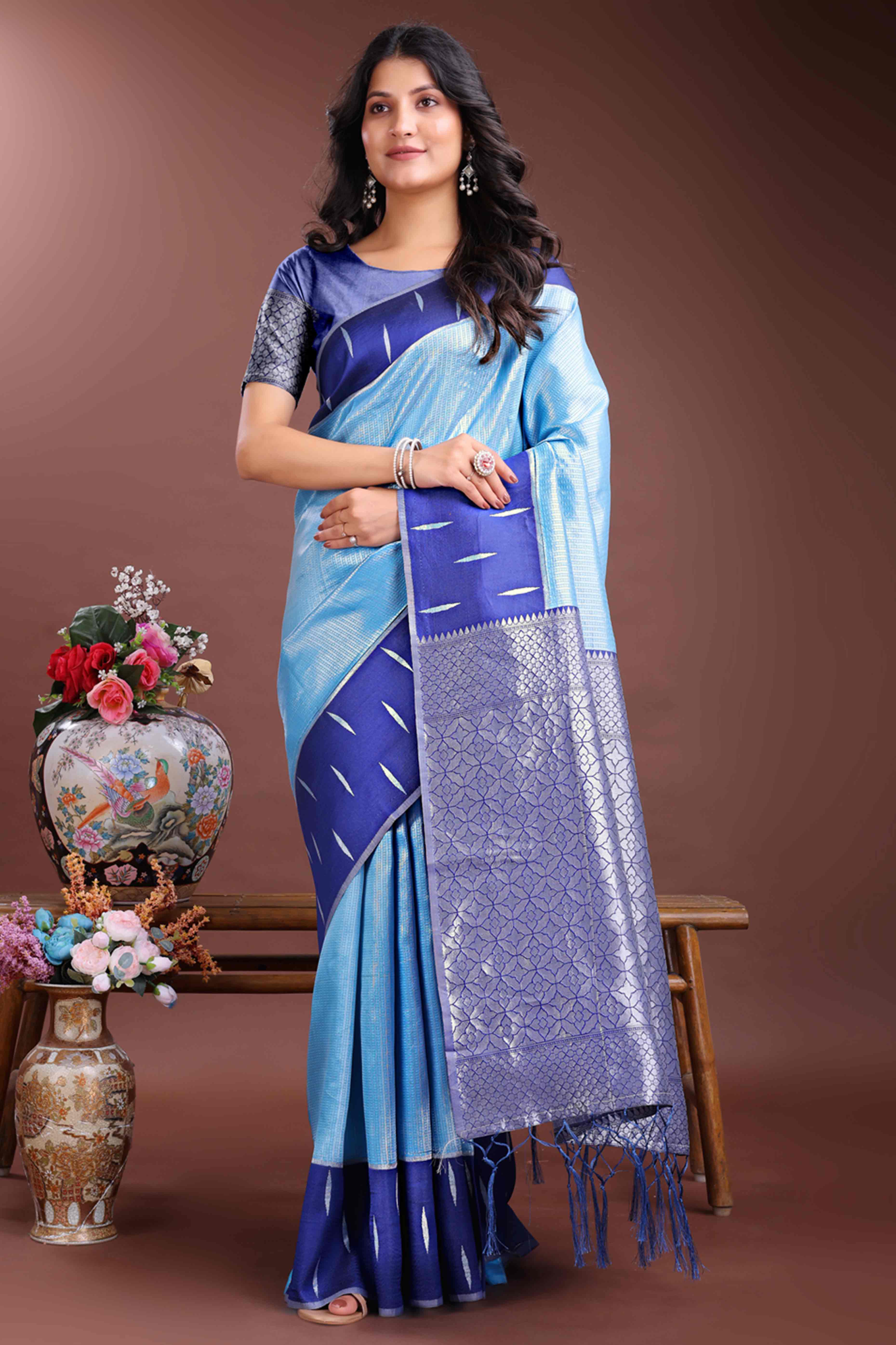 Serene Sky Blue Zari Weaving Silk Blend Saree of Pure Charm