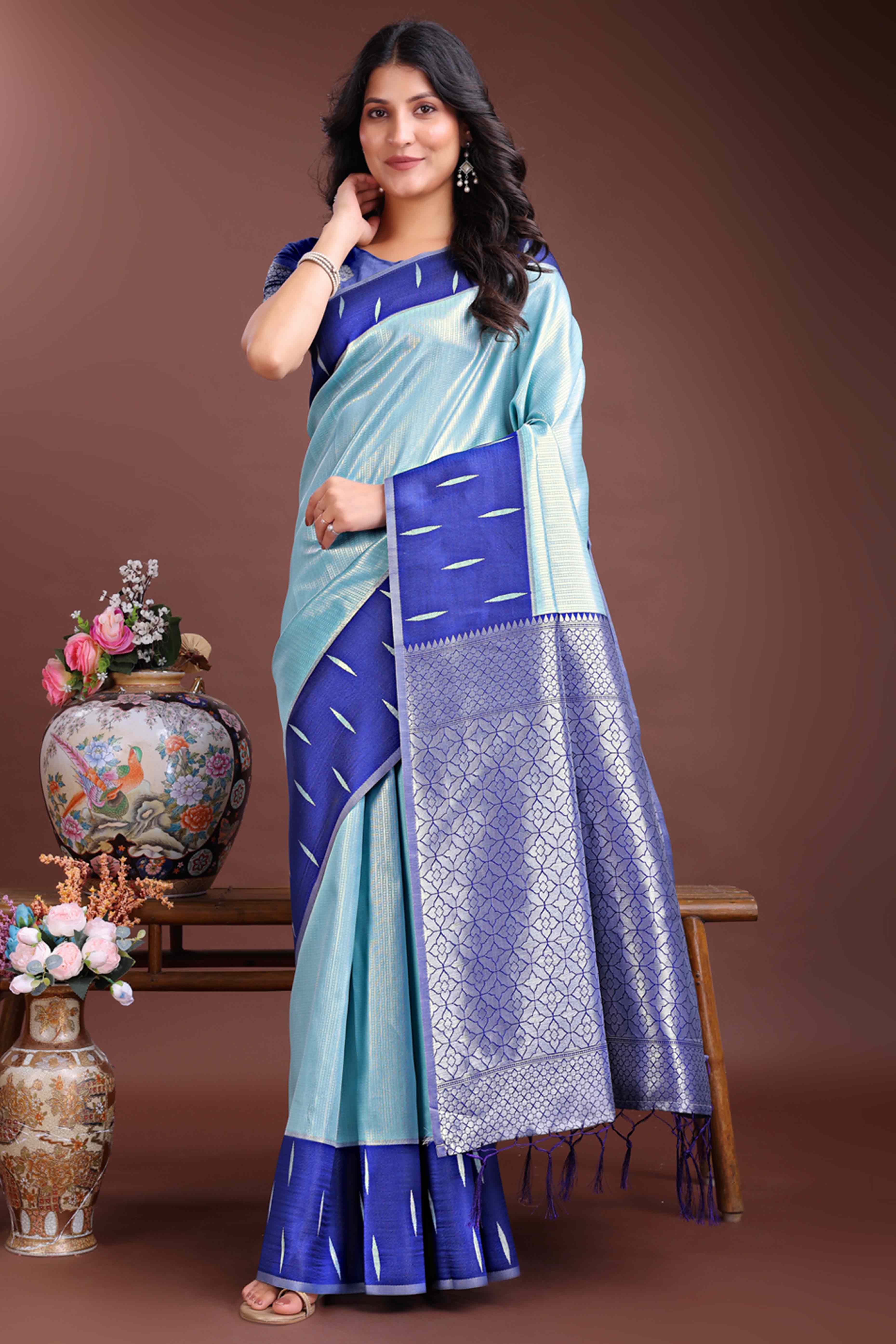 Tranquil Aqua Blue Zari Weaving Silk Blend Saree of Oceanic Serenity