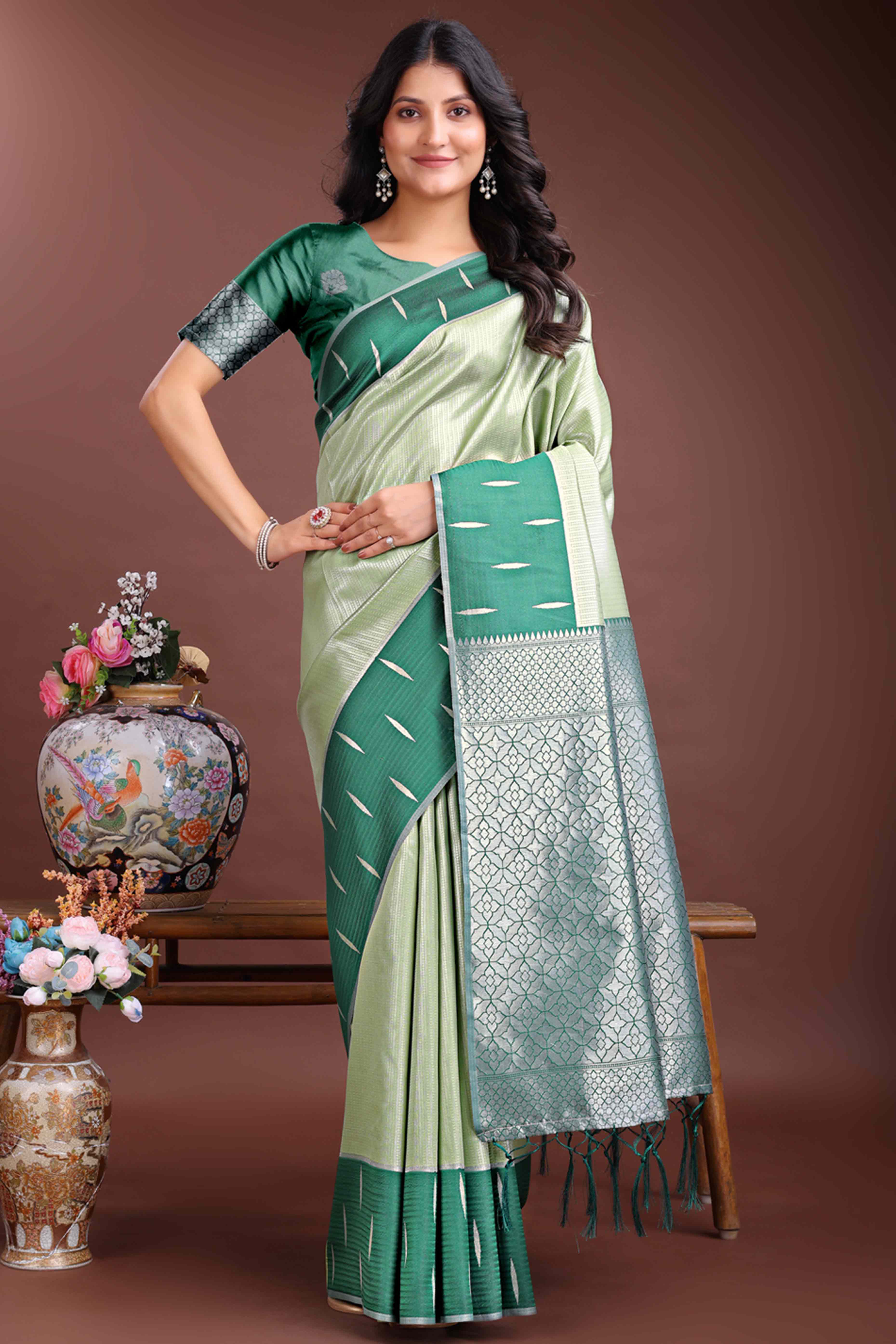 Soothing Light Green Zari Weaving Silk Blend Saree of Natural Harmony