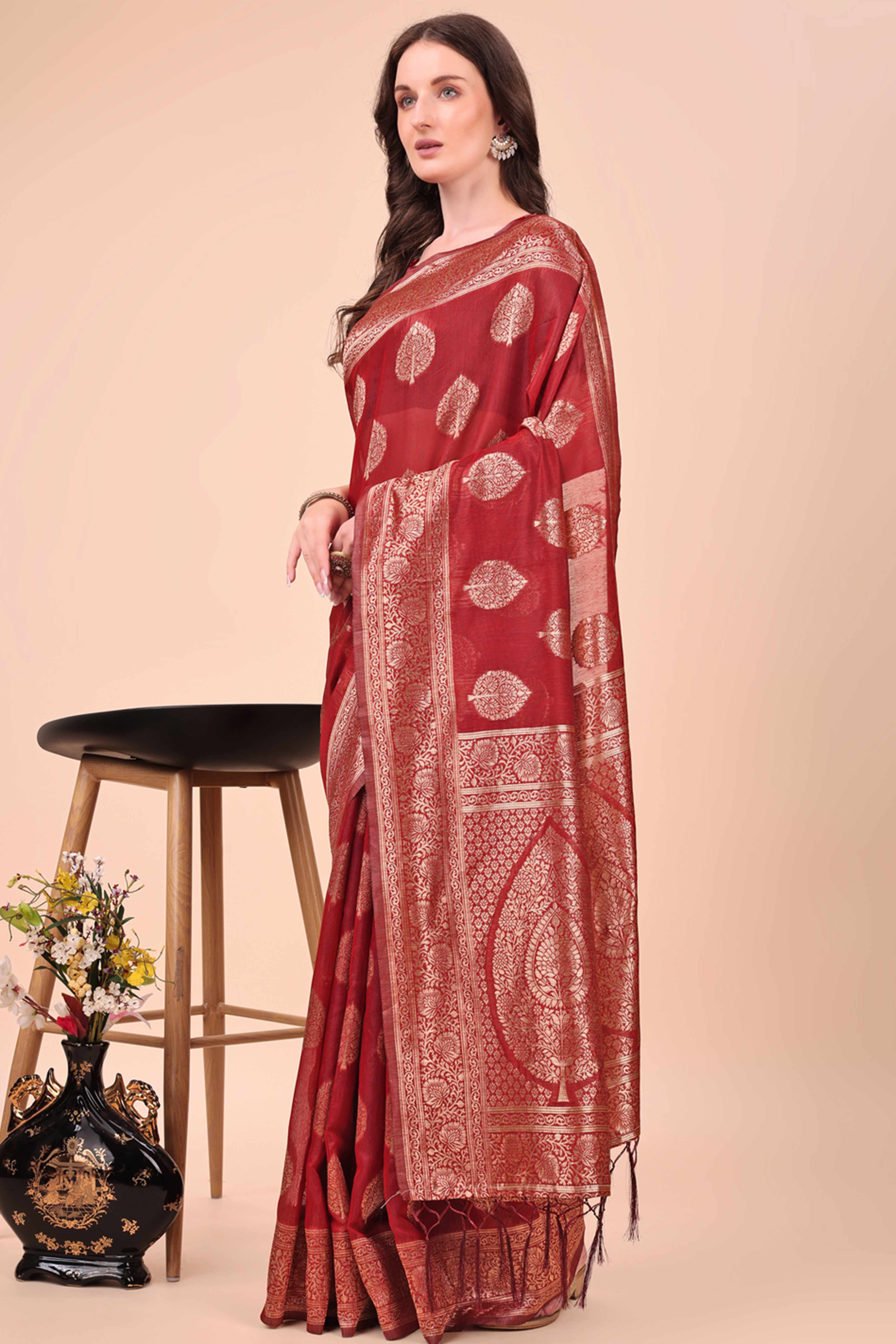 Maroon Cotton Blend Saree With Intricate Floral Zari Weaving & Elegant Tassel Accents