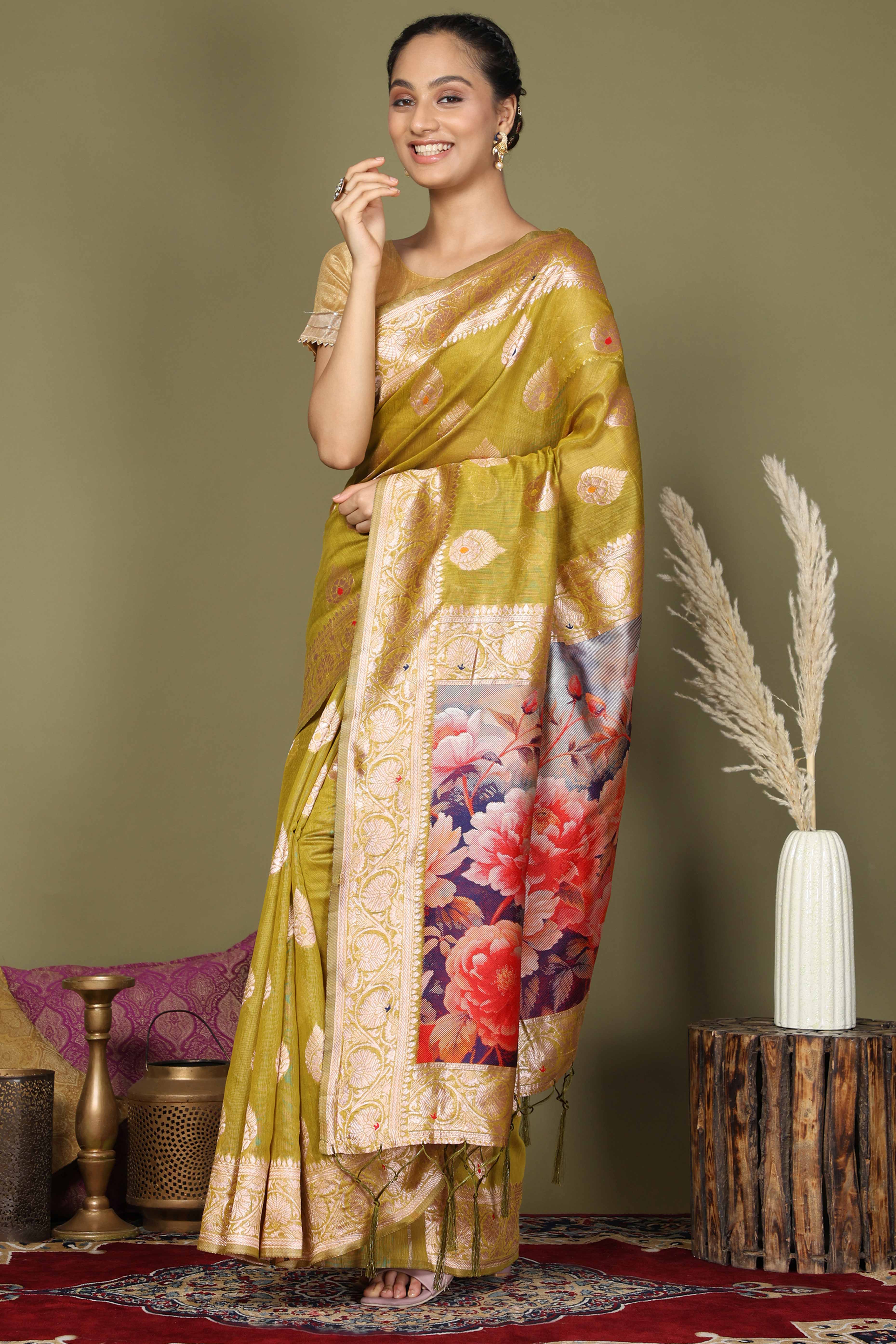 Mehendi Green Saree In Linen Cotton Featuring Floral Zari Weaving & Digital Printed Pallu