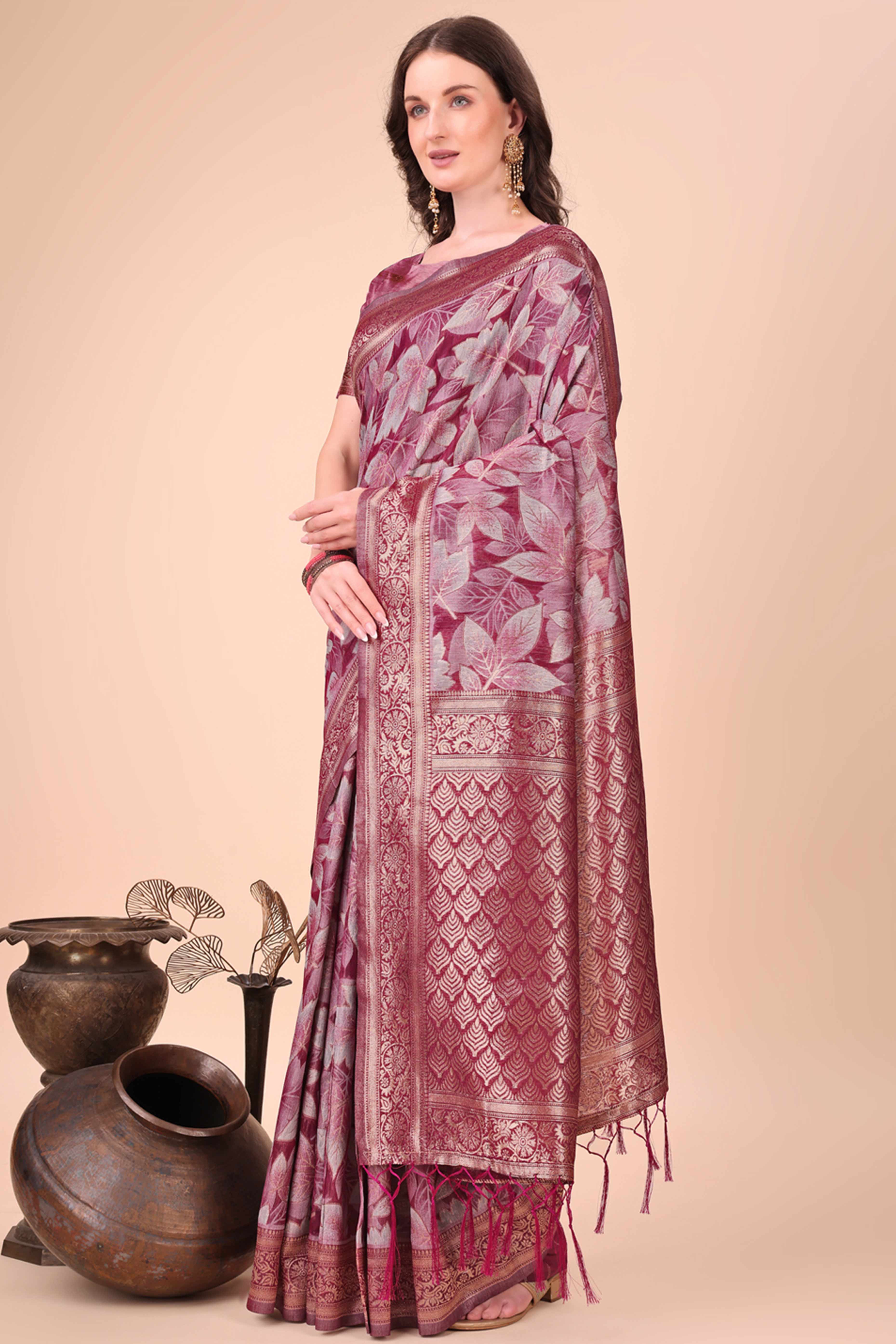Wine Floral Zari Woven Cotton Blend Saree With Soft Tassel Edging