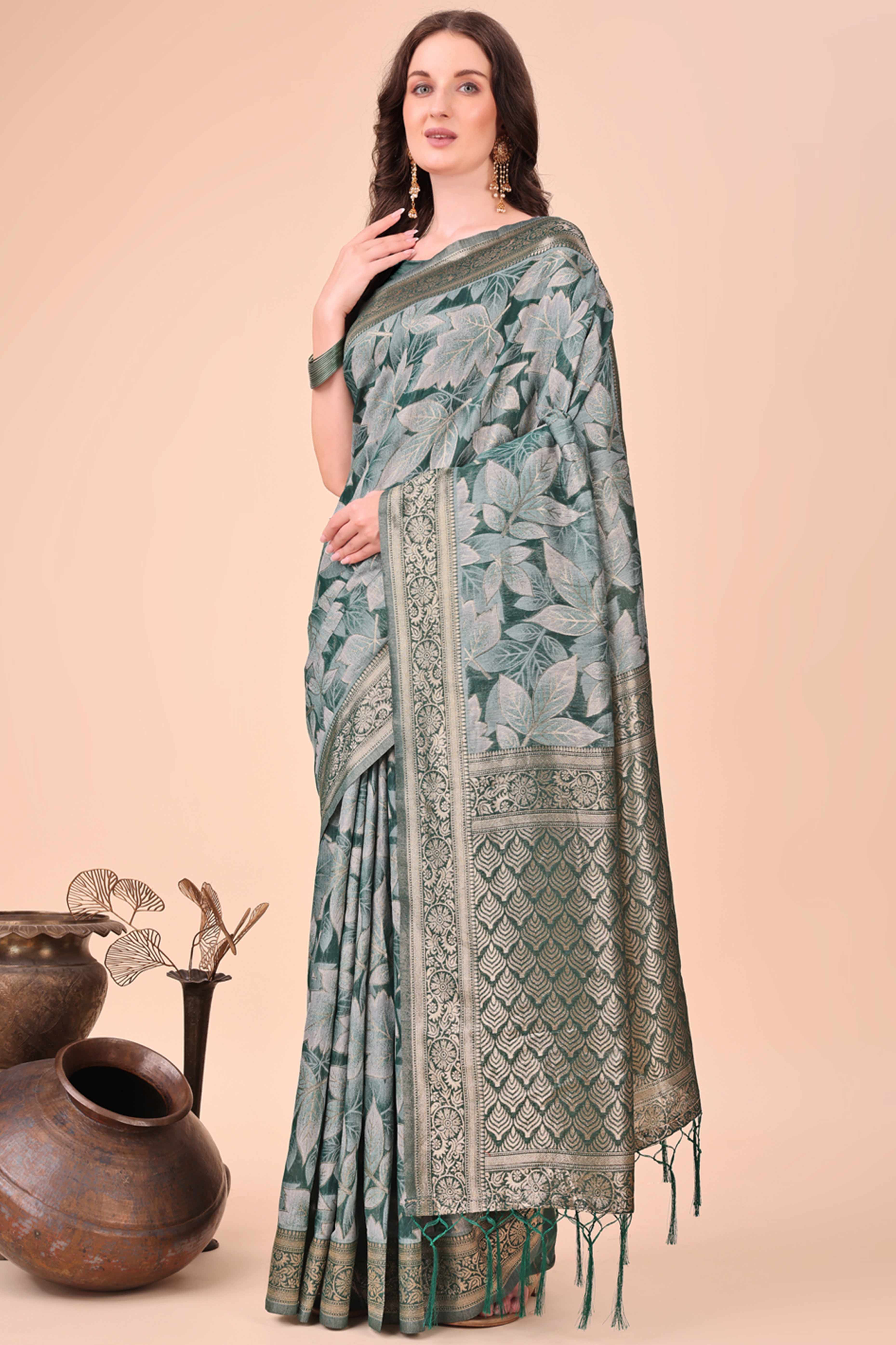 Green Floral Zari Woven Cotton Blend Saree With Soft Tassel Edging