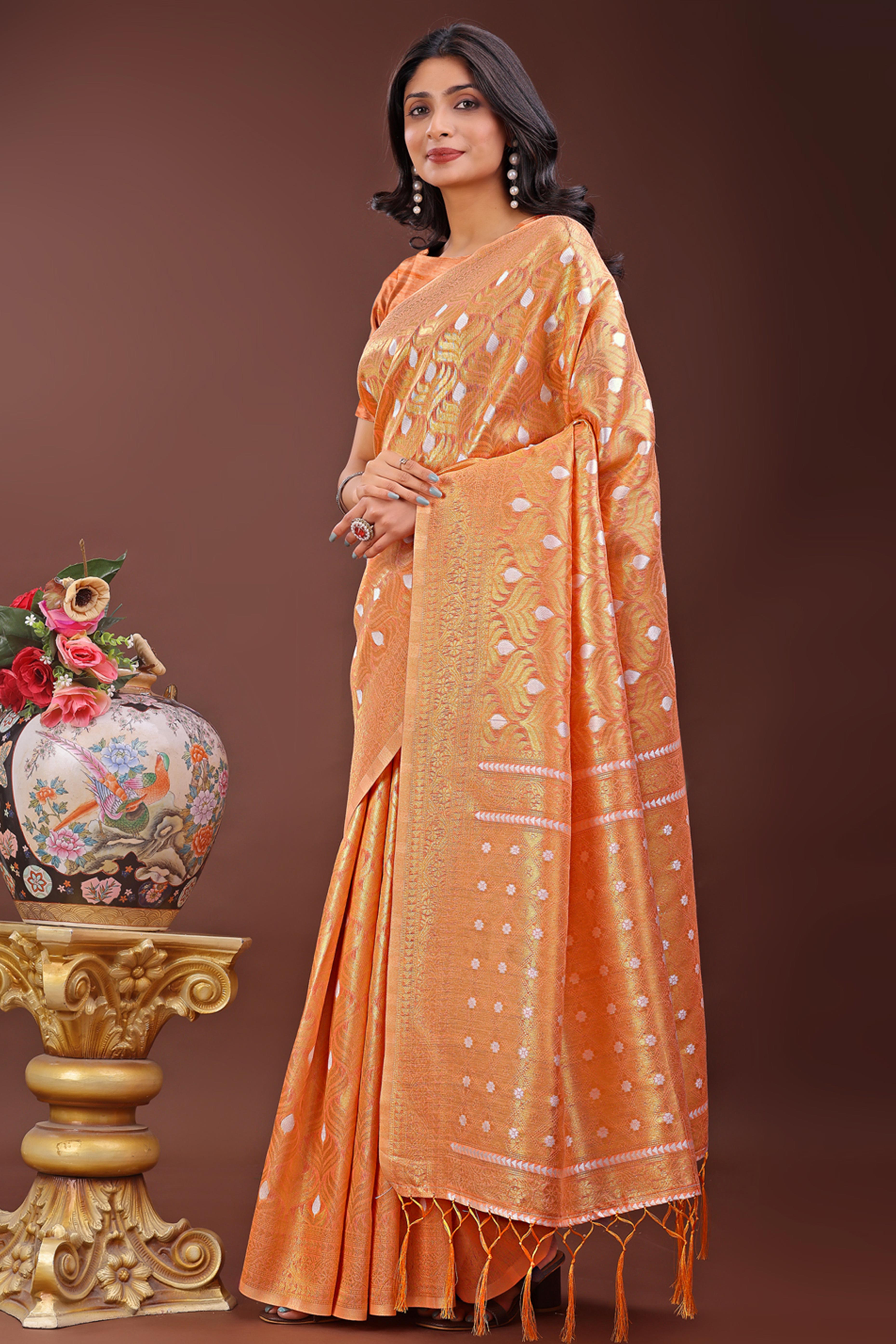 Peach Zari Work Cotton Silk Saree Finished with Luxe Tassels