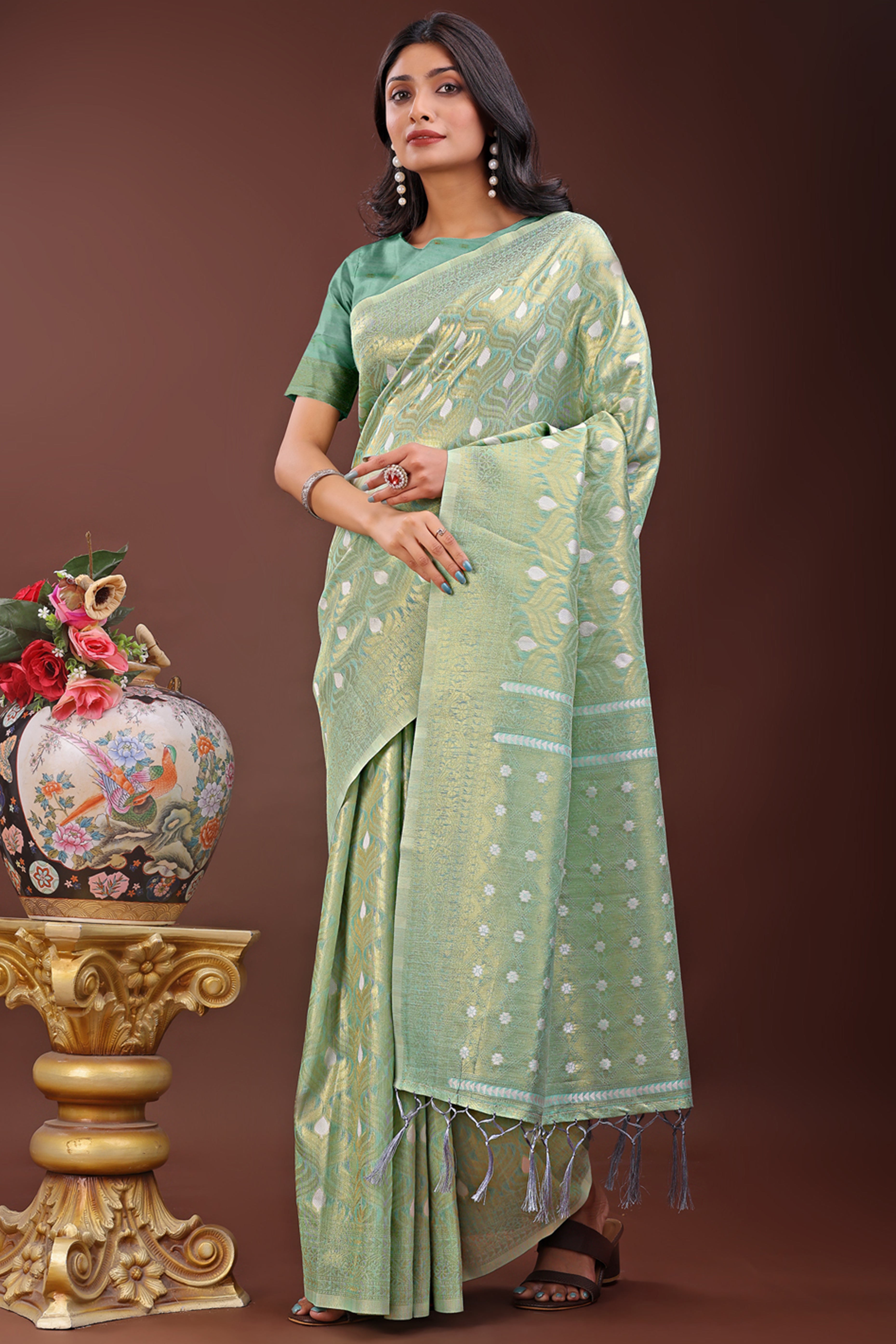 Sea Green Zari Work Cotton Silk Saree Finished with Luxe Tassels
