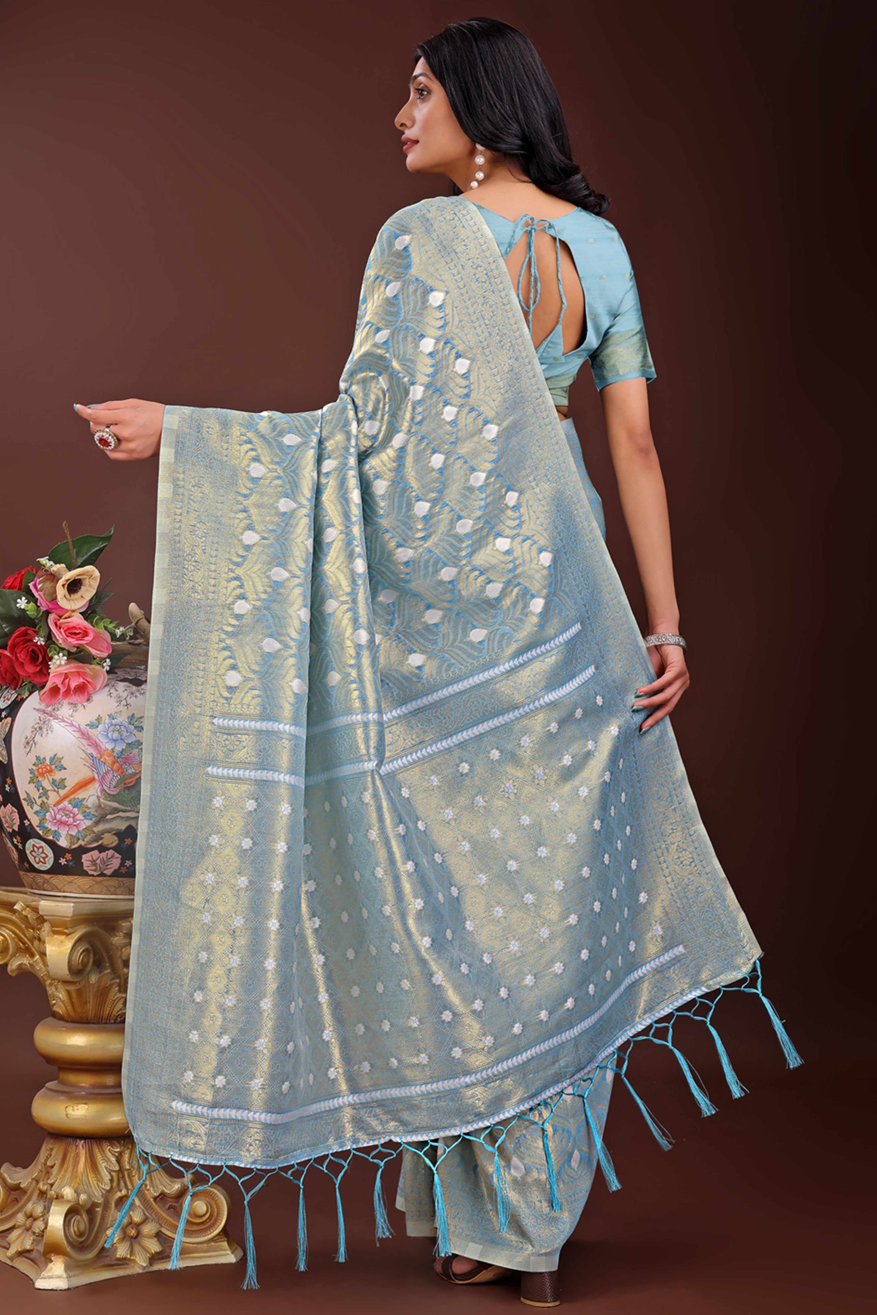 Sky Blue Zari Work Cotton Silk Saree Finished with Luxe Tassels