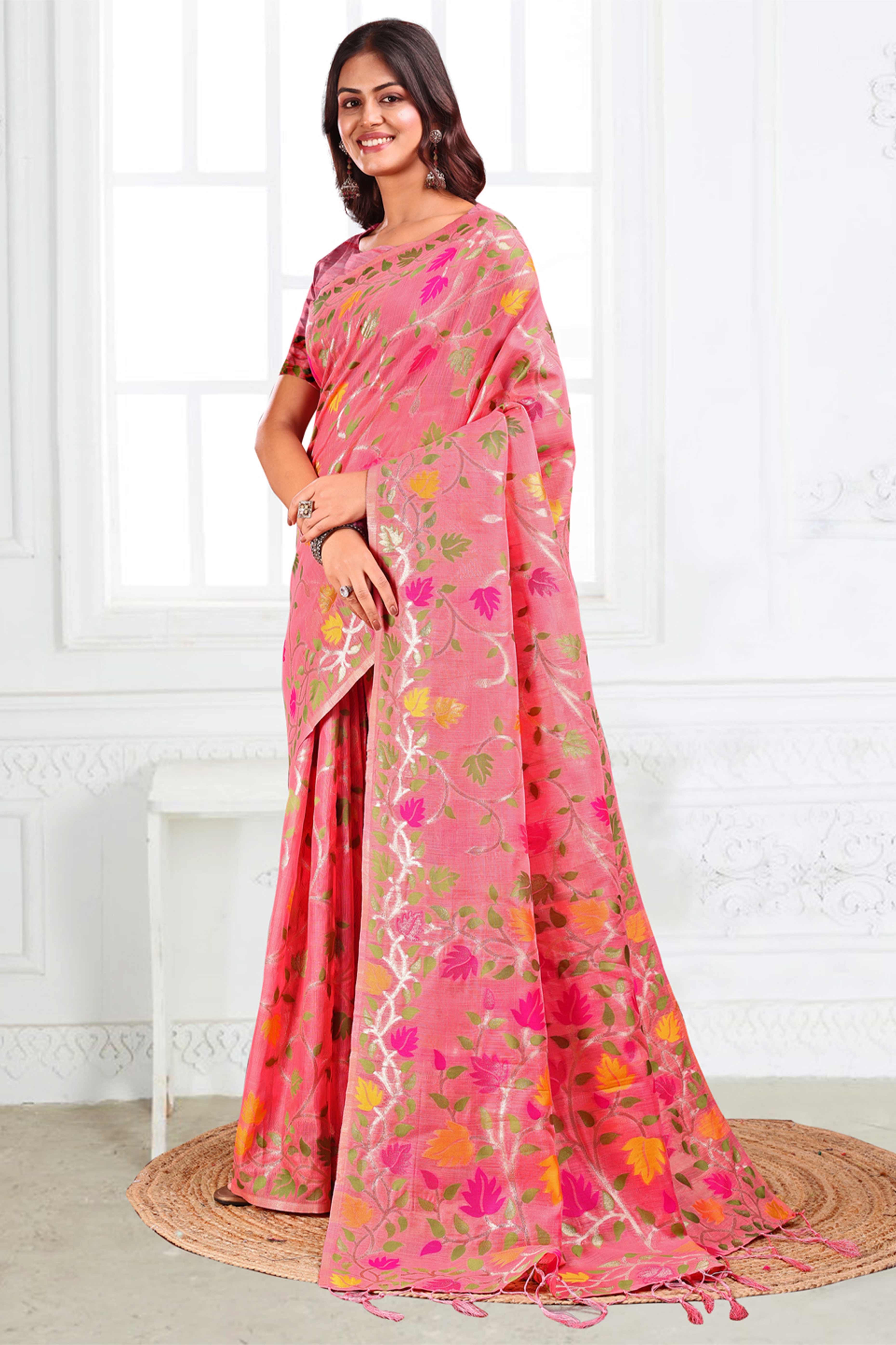 Pink Linen Cotton Silk  Saree Enhanced With Floral Zari Weaving & Tasselled Pallu Finish